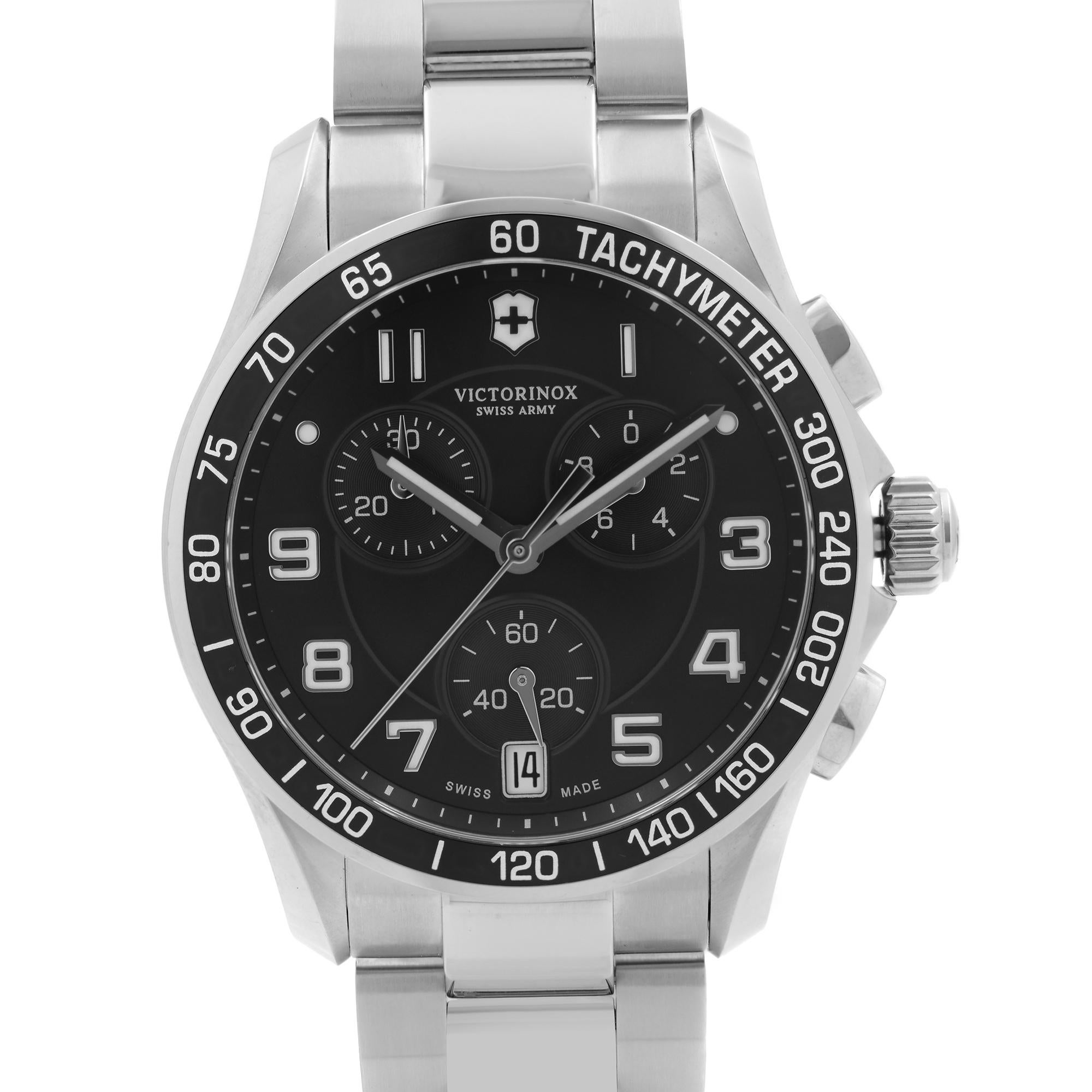 New with Defects Victorinox Swiss Army Quartz Watch 241494. The Watch has a Little Dent on the Bezel Insert. This Beautiful Timepiece Features: A brushed Stainless Steel Case and Steel Bracelet. Fixed Stainless Steel with a Black Aluminum Top Ring