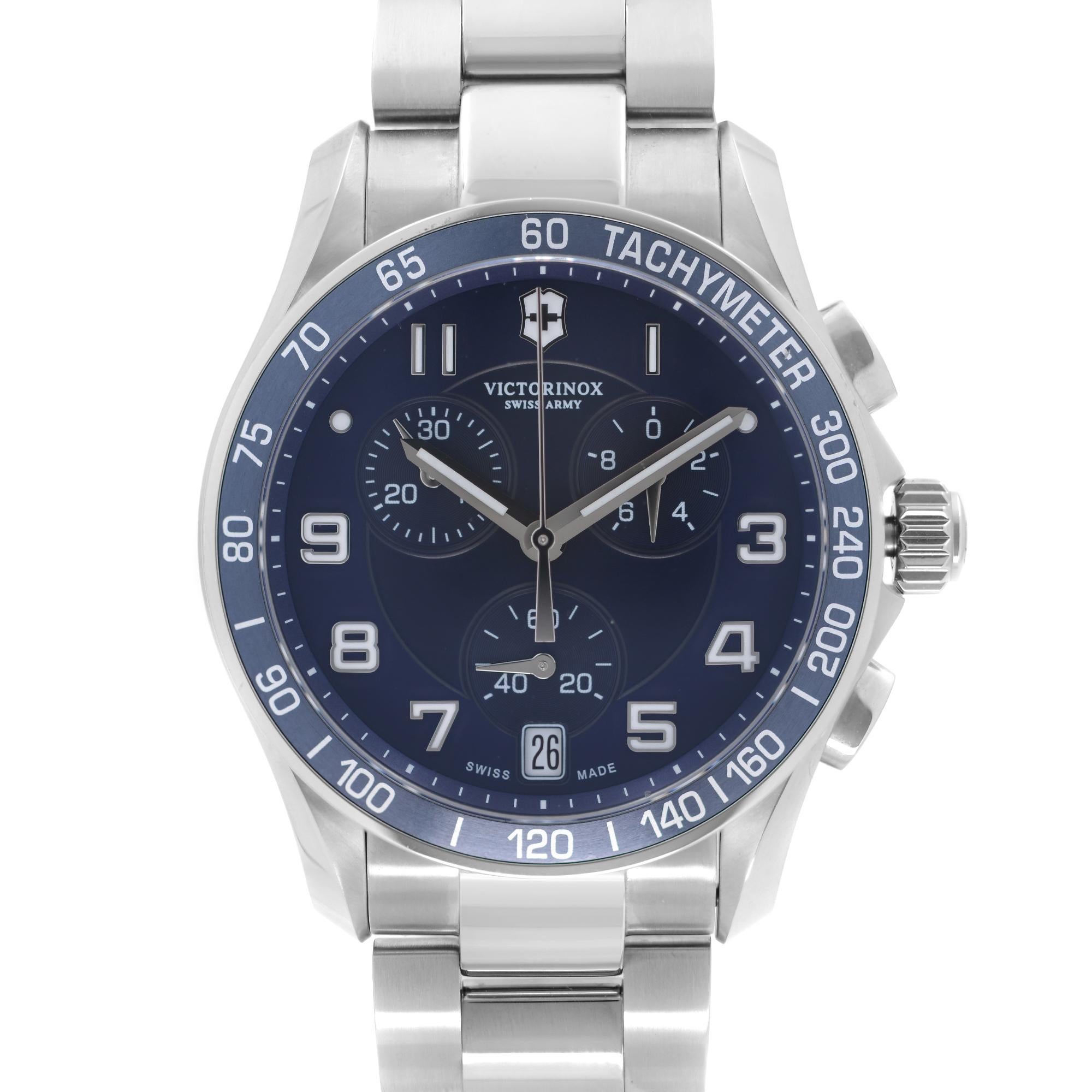 New with Defects Victorinox Chrono Classic Stainless Steel 40 mm Blue Dial Men's Quartz Watch 241497. The watch has 2 tiny dents on the Bezel due to storage and handling as a display model. This Beautiful Timepiece Features: A brushed Stainless
