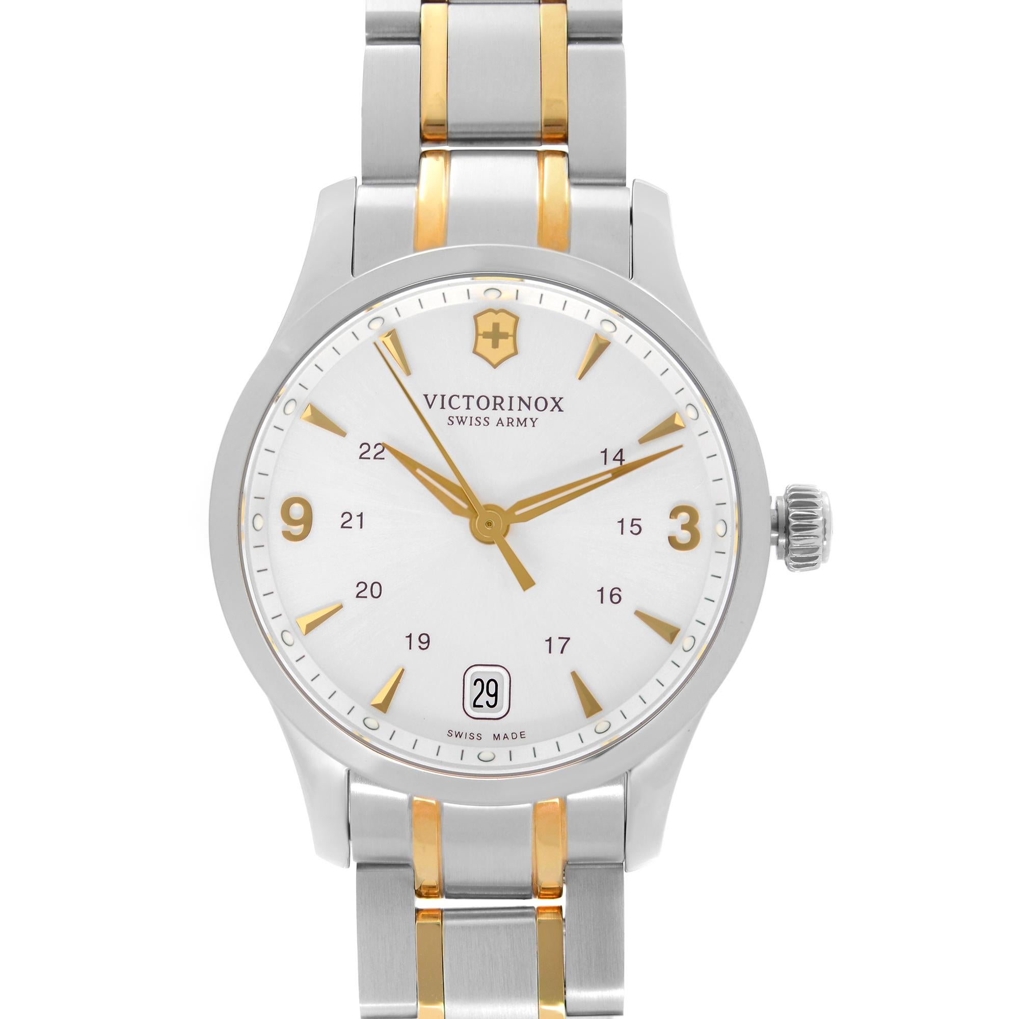 Display Model Victorinox Swiss Army Alliance Stainless Steel 30 mm Silver Dial Ladies Quartz Watch 241543. This Beautiful Timepiece Features: A polished Stainless Steel Case and Two-Tone Bracelet. Fixed Stainless Steel Bezel. Silver Dial with