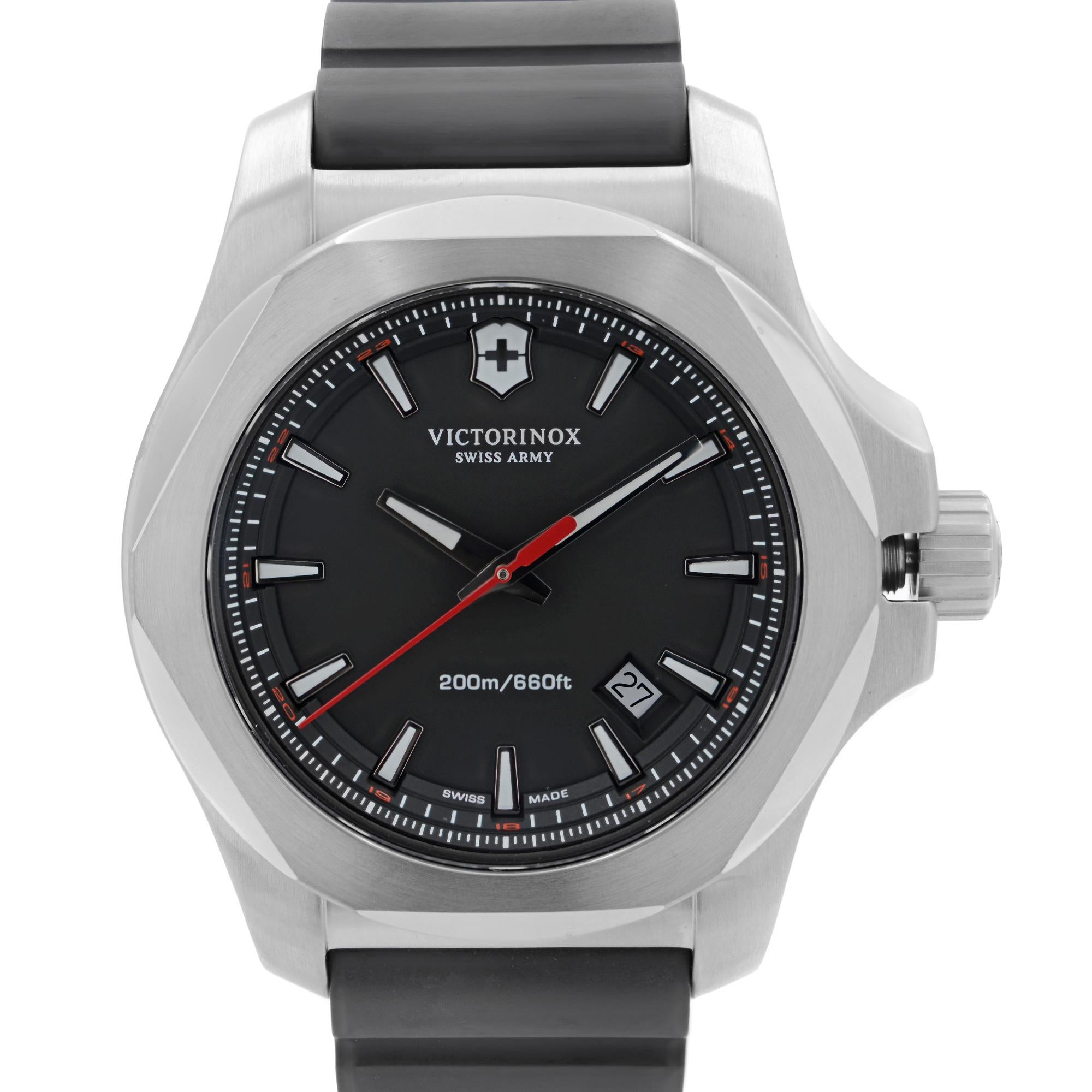 Display Model Victorinox Swiss Army I.N.O.X. Stainless Steel 43 mm Black Dial Men's Quartz Watch 241682.1. This Beautiful Timepiece Features: Brushed Stainless Steel Case and Two-Piece Rubber Strap. Fixed Stainless Steel Bezel. Black Dial with