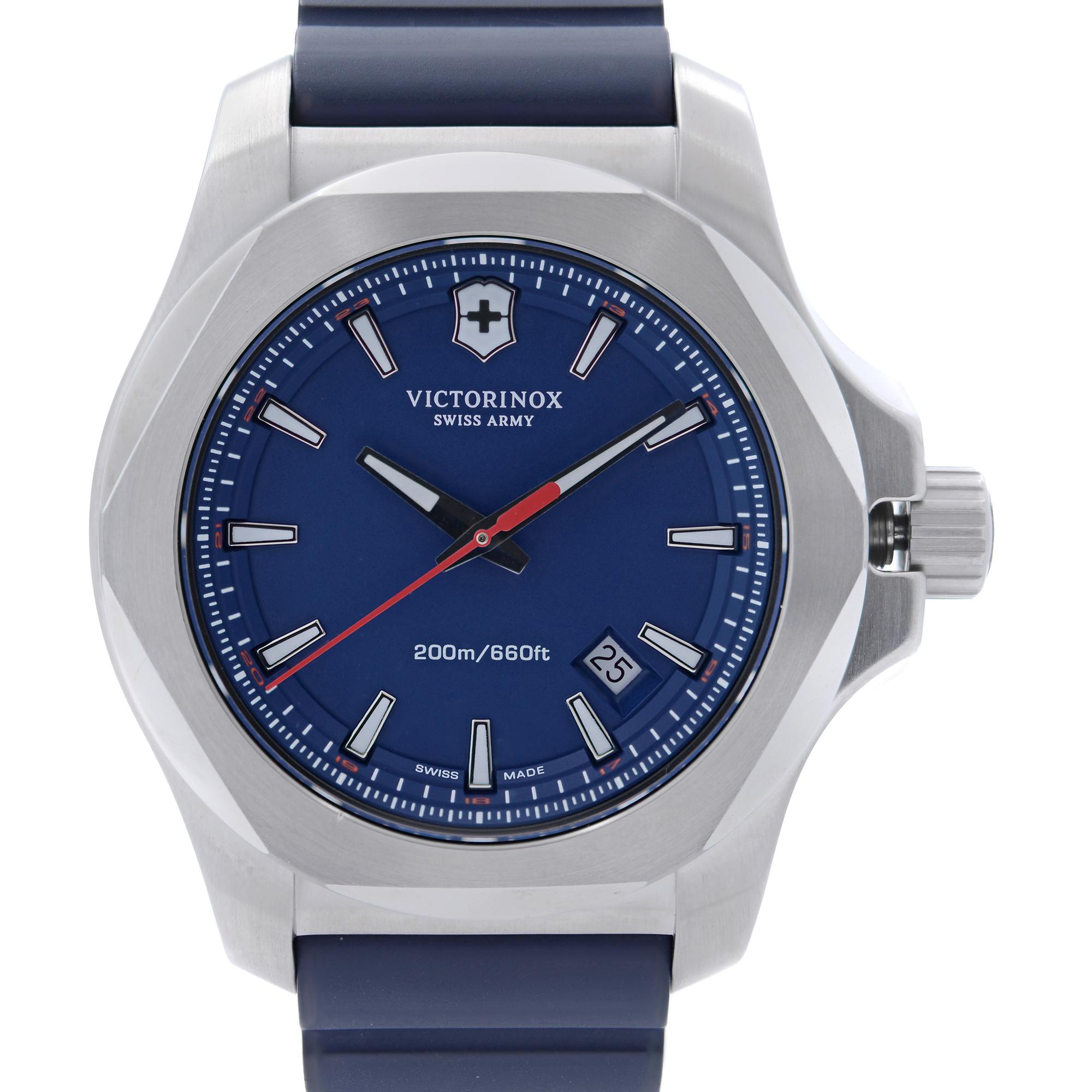Display Model Victorinox Swiss Army I.N.O.X. Stainless Steel 43 mm Blue Dial Men's Quartz Watch 241688.1. This Beautiful Timepiece Features: Brushed Stainless Steel Case and Two-Piece Rubber Strap. Fixed Stainless Steel Bezel. Blue Dial with