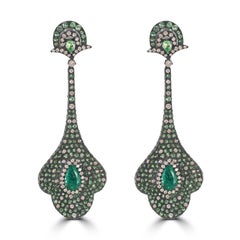 Victorian 8.7 ct. pt. Boucles d'oreilles pendantes en émeraude, tsavorite et diamant 925/18K