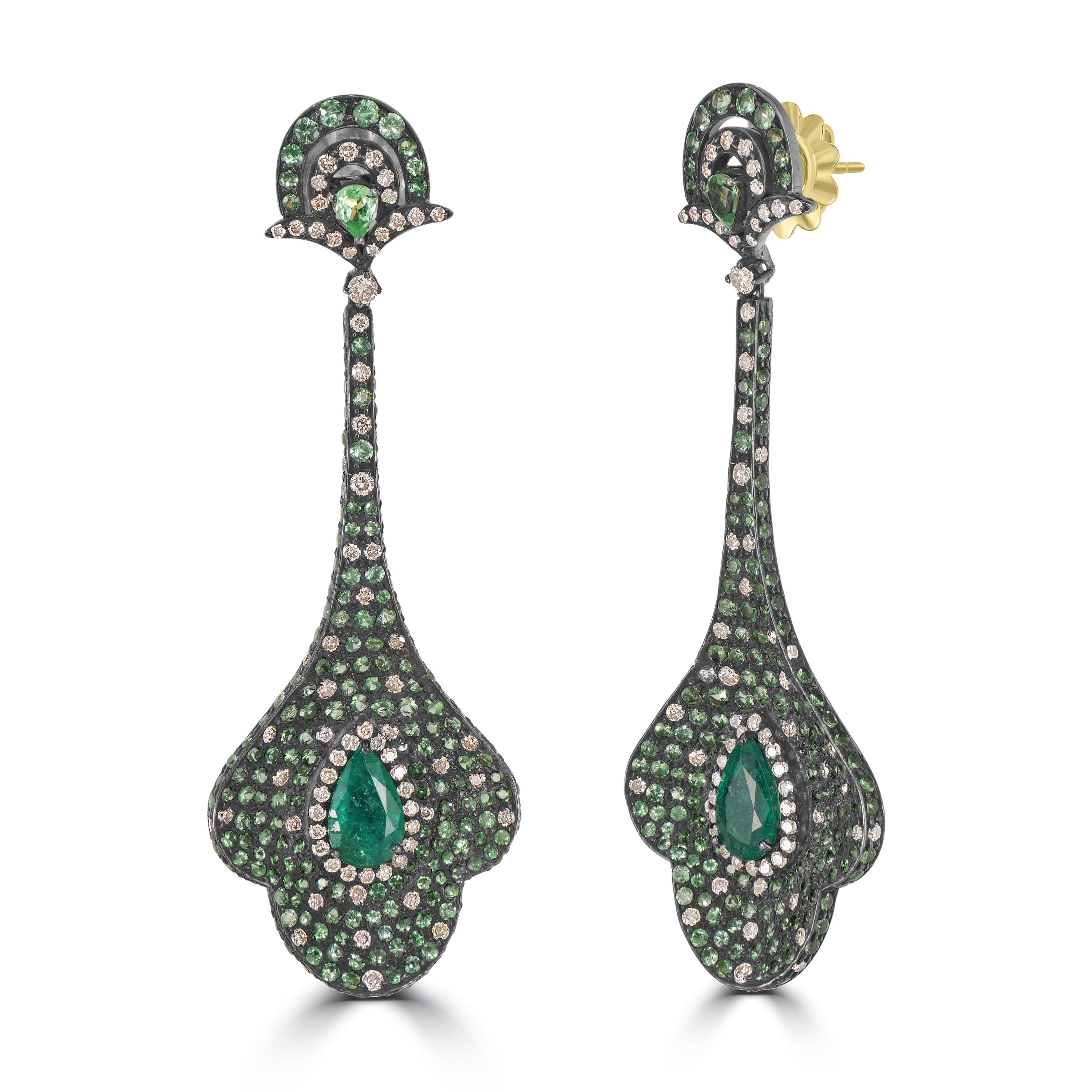 Victorian Victorion 8.7 Cttw. Emerald, Tsavorite and Diamond Dangle Earrings  For Sale