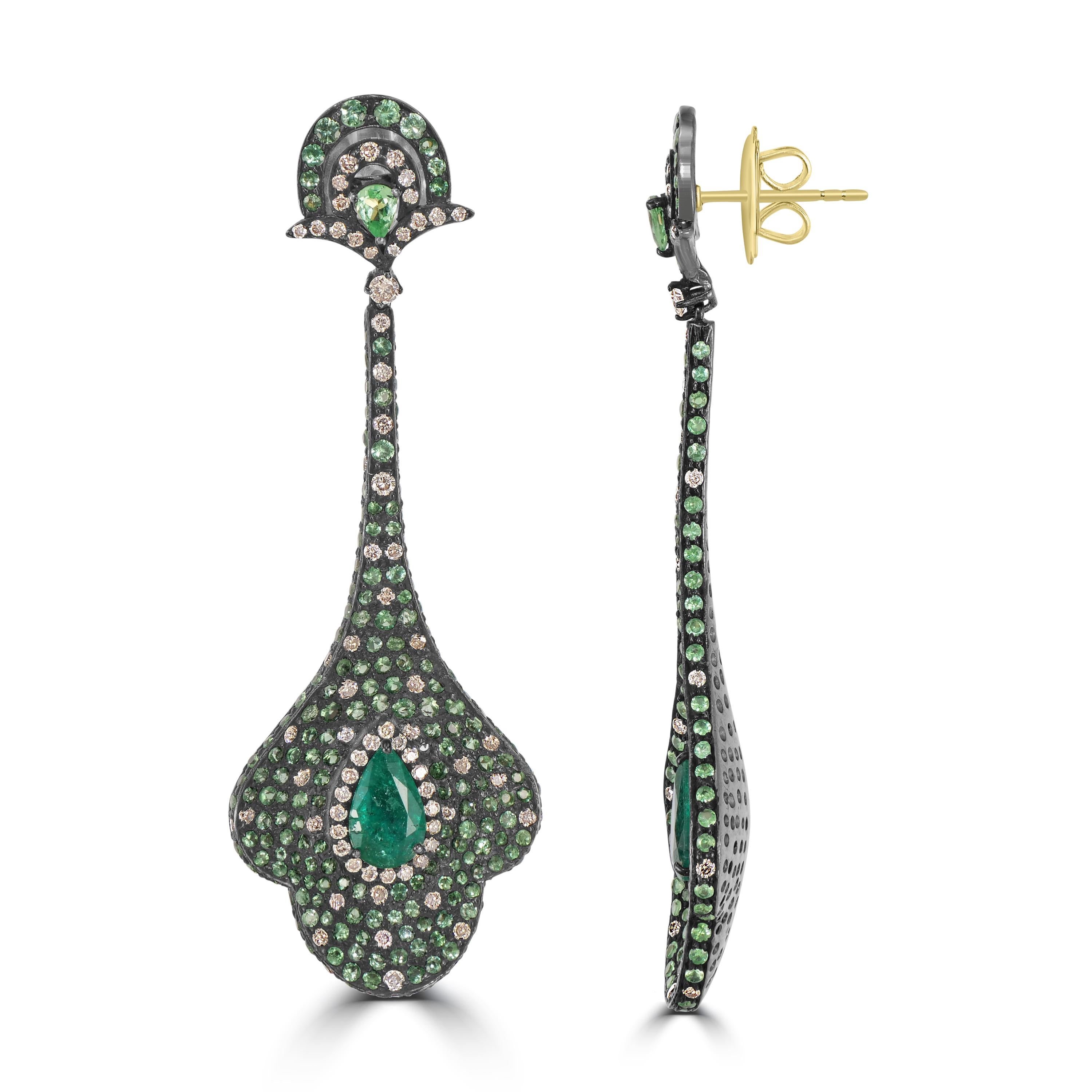 Pear Cut Victorion 8.7 Cttw. Emerald, Tsavorite and Diamond Dangle Earrings  For Sale