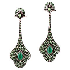 Victorion 8.7 Cttw. Emerald, Tsavorite and Diamond Dangle Earrings 