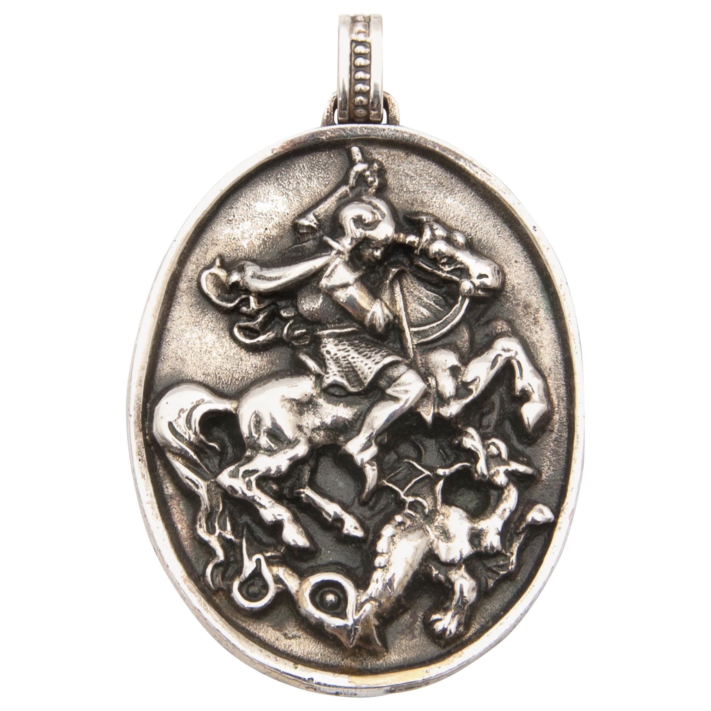 Silver St. George and the Dragon Relief Pendant