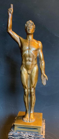 "Victor's Salute, " Art Deco Sculpture of Nude Male Athlete with Laurel Wreath