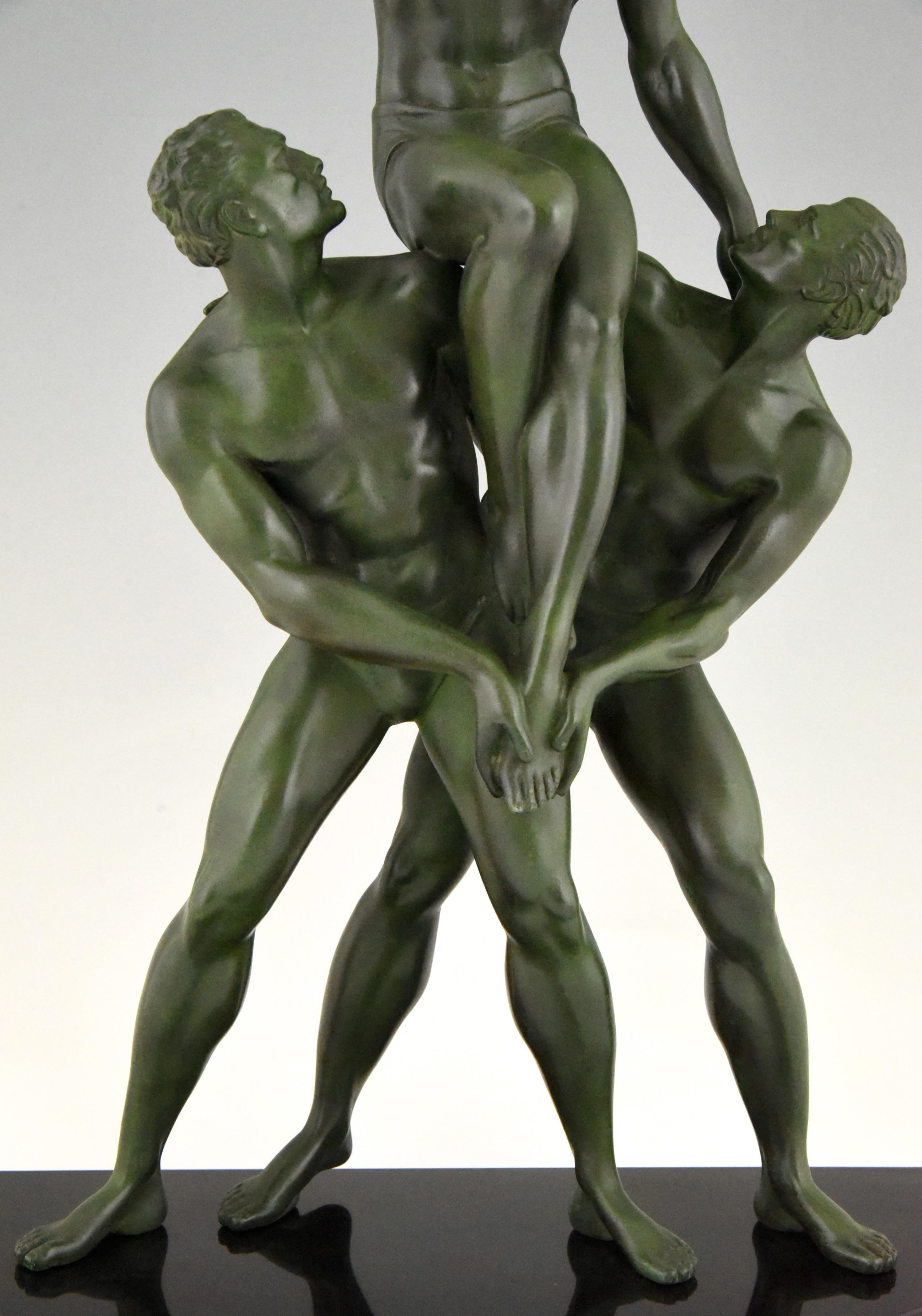Victory Art Deco Sculpture of Three Athletes Pierre Le Faguays, France, 1930 3