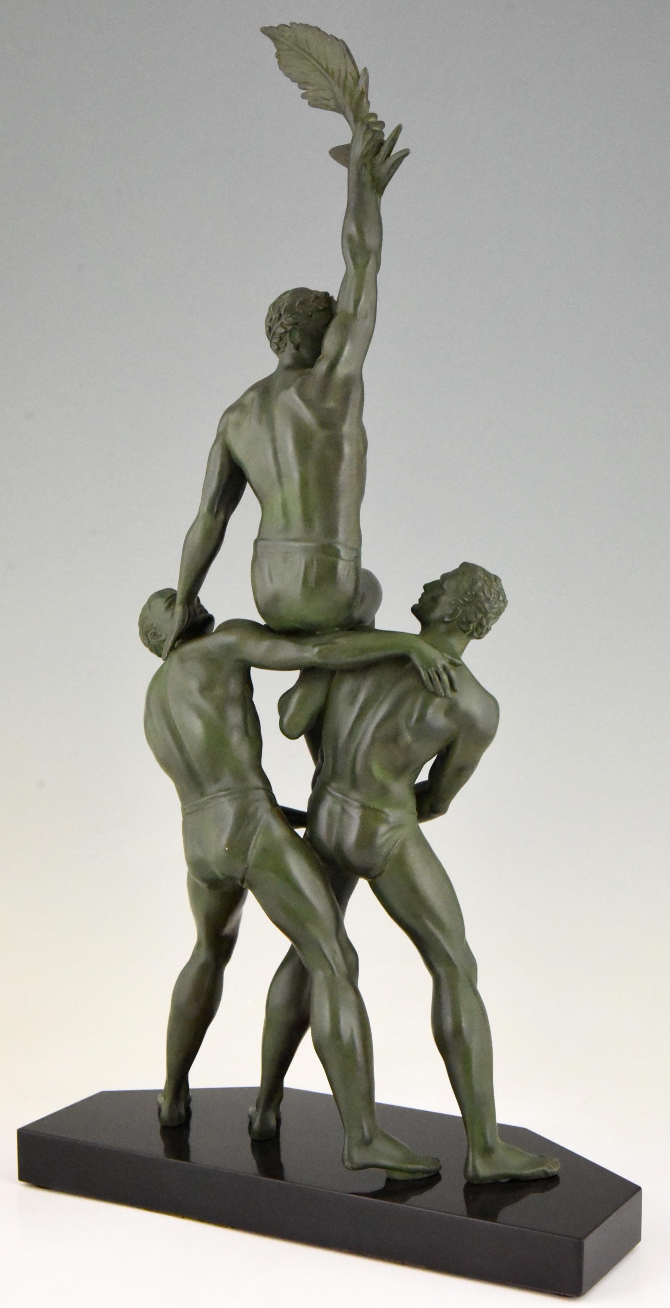 Patinated Victory Art Deco Sculpture of Three Athletes Pierre Le Faguays, France, 1930