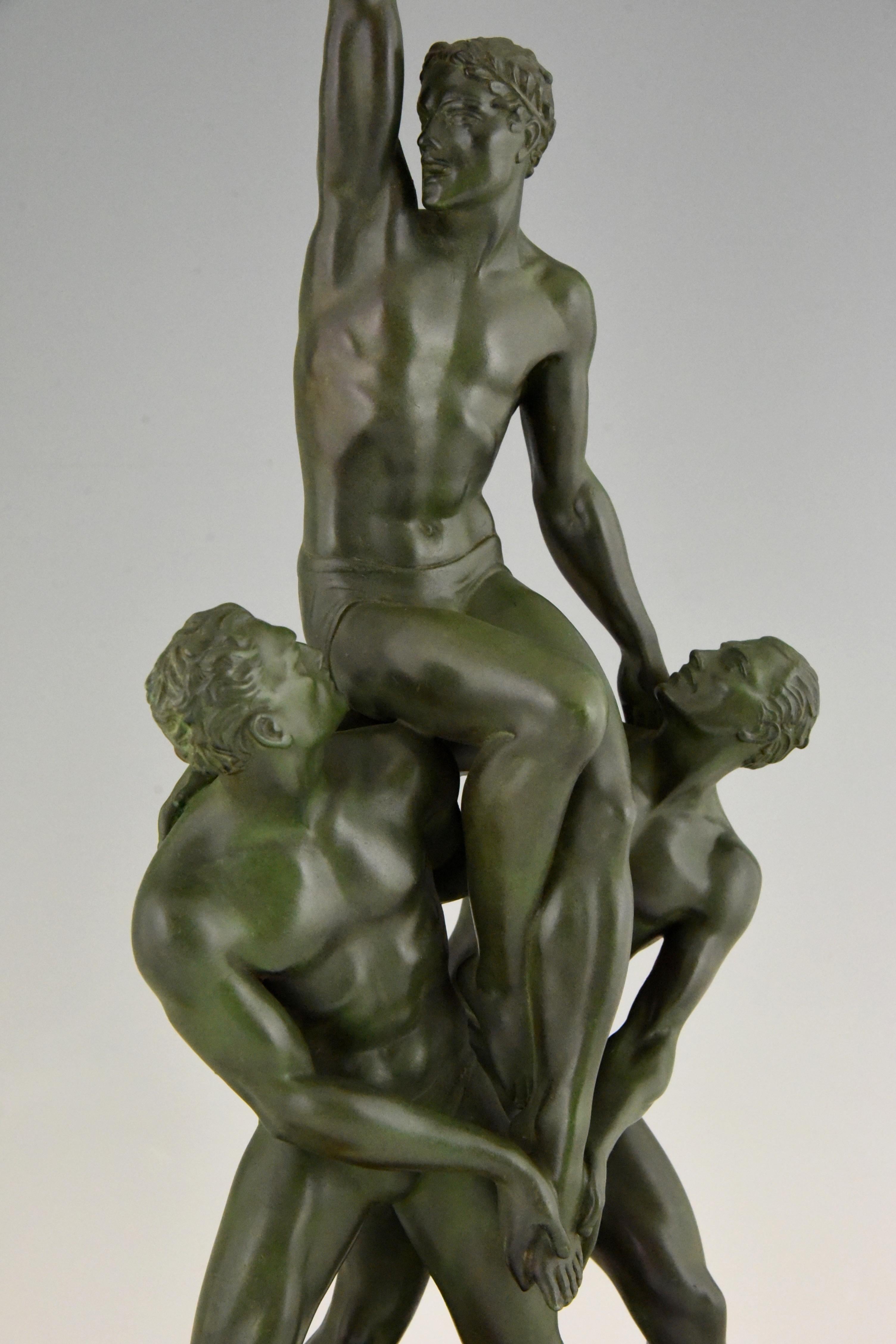 Victory Art Deco Sculpture of Three Athletes Pierre Le Faguays, France, 1930 2