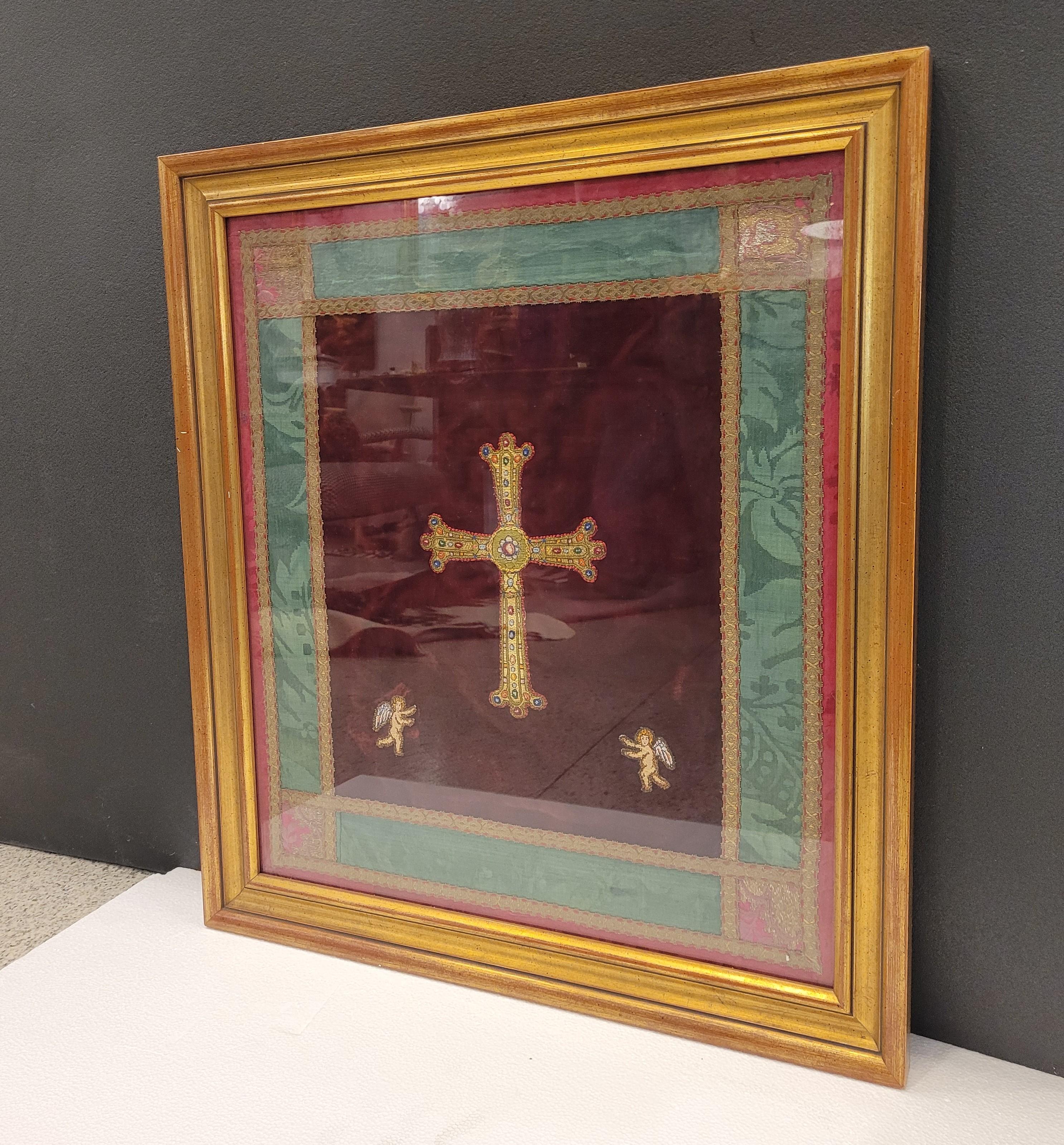 Victory cross embroidered on a parish priest's  Spanish chasuble, two angels 12