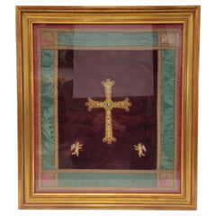 Antique Victory cross embroidered on a parish priest's  Spanish chasuble, two angels