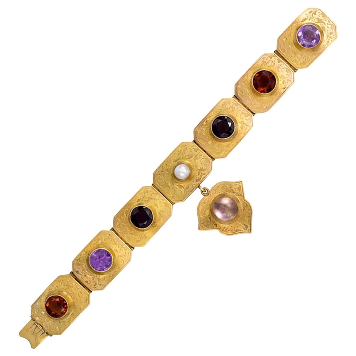 Victorian Multi-Gemstone Gold Plaque Bracelet with Charm, in Original Box For Sale