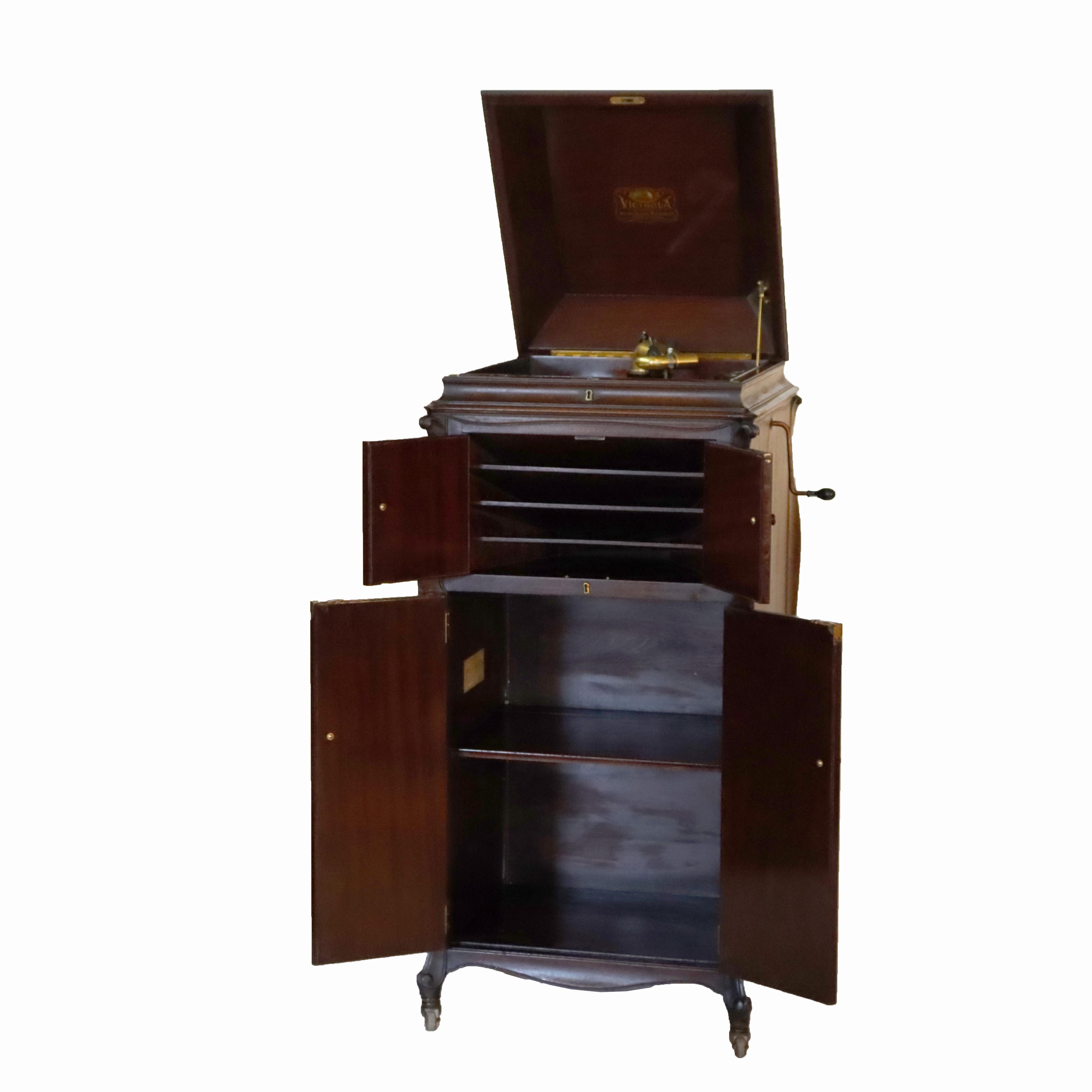 Victrola XVI acajou, lecteur de disques droit et disques C1900 en vente 2