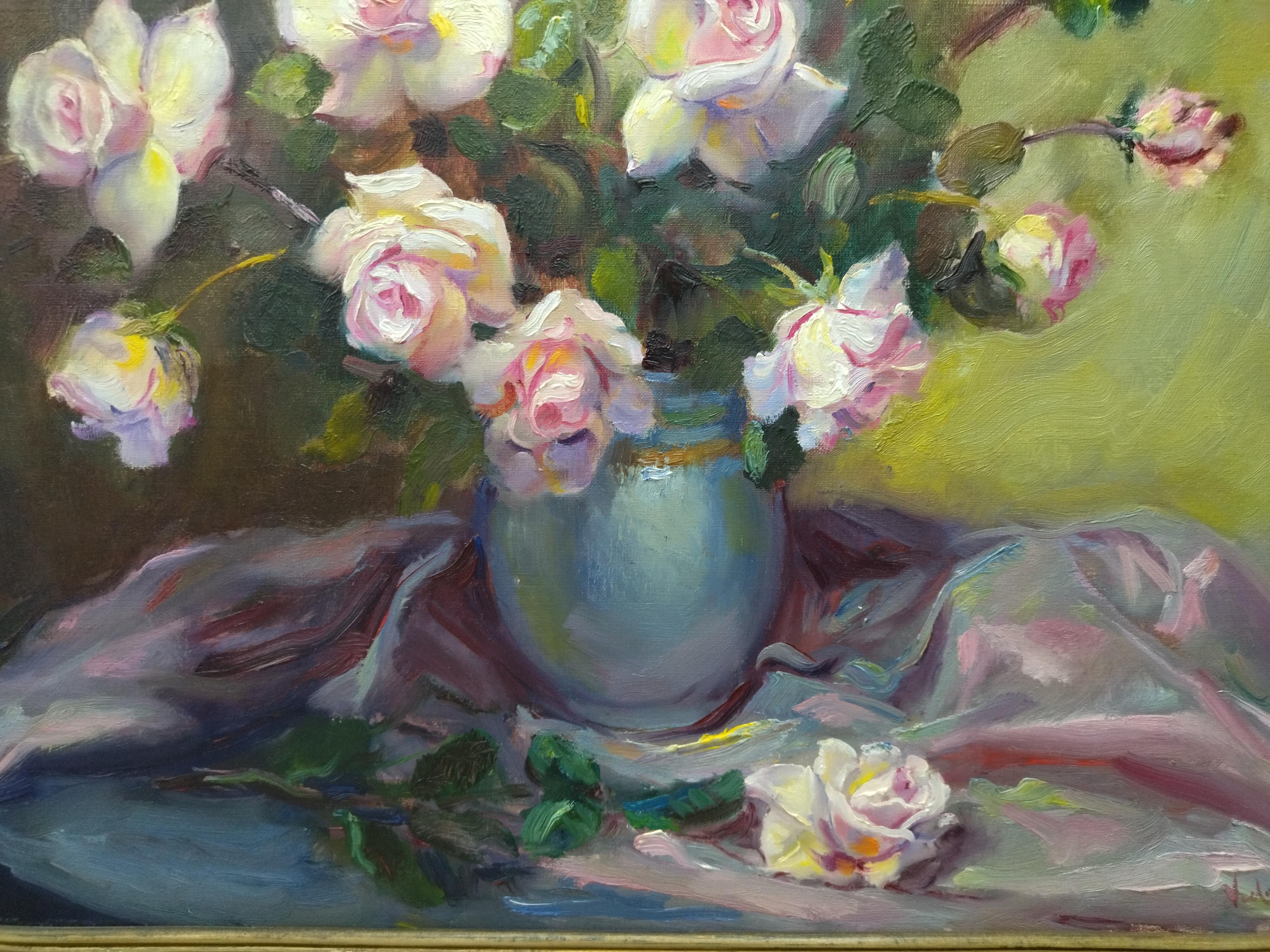 Vidal Rolland 20 Rosas  Óleo original. - Still-Life Painting Gris de VIDAL ROLLAND