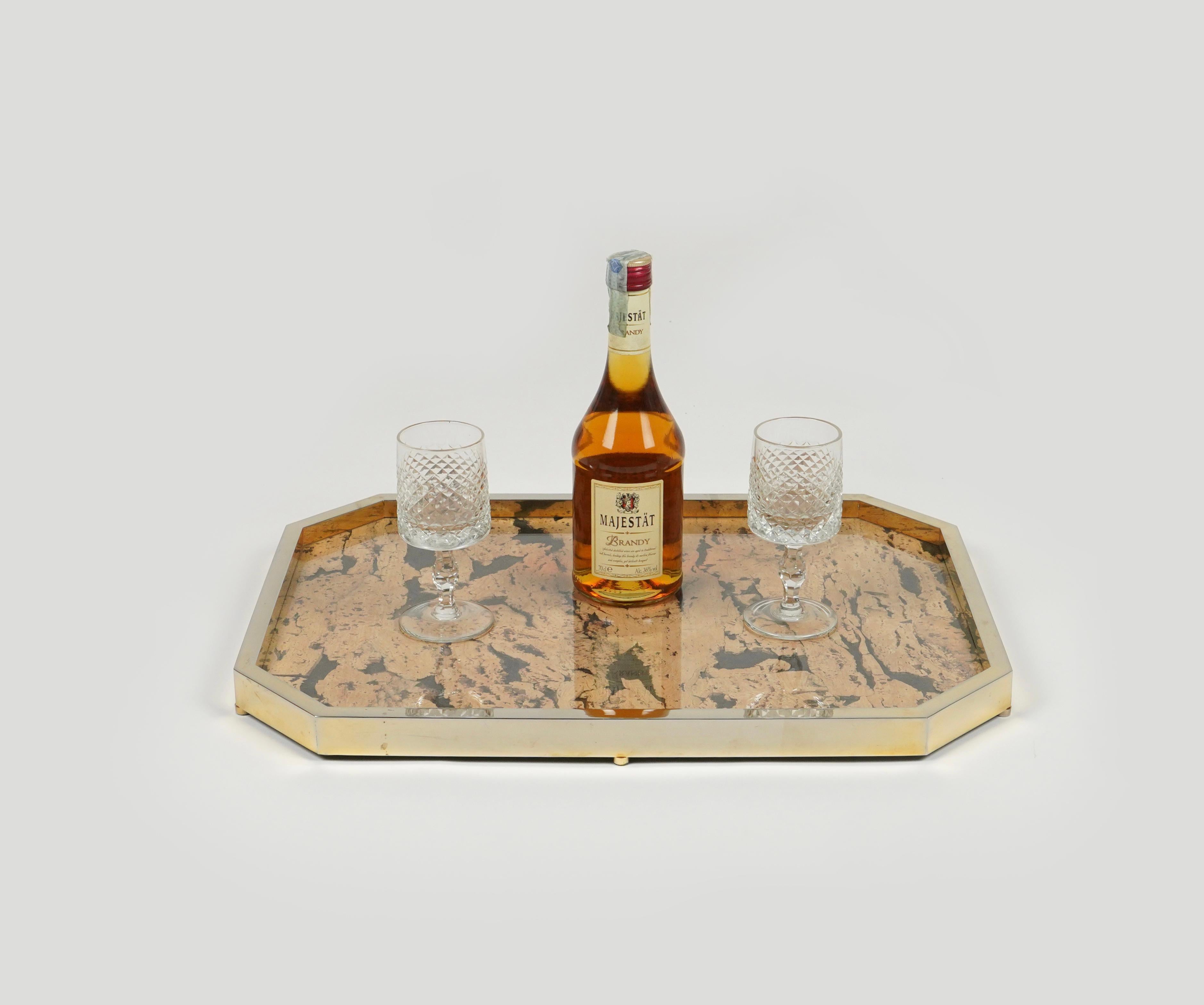 Vide-Poche Centerpiece Tray in Cork & Brass by Jet Set Milano, Italy 1970s In Good Condition For Sale In Rome, IT