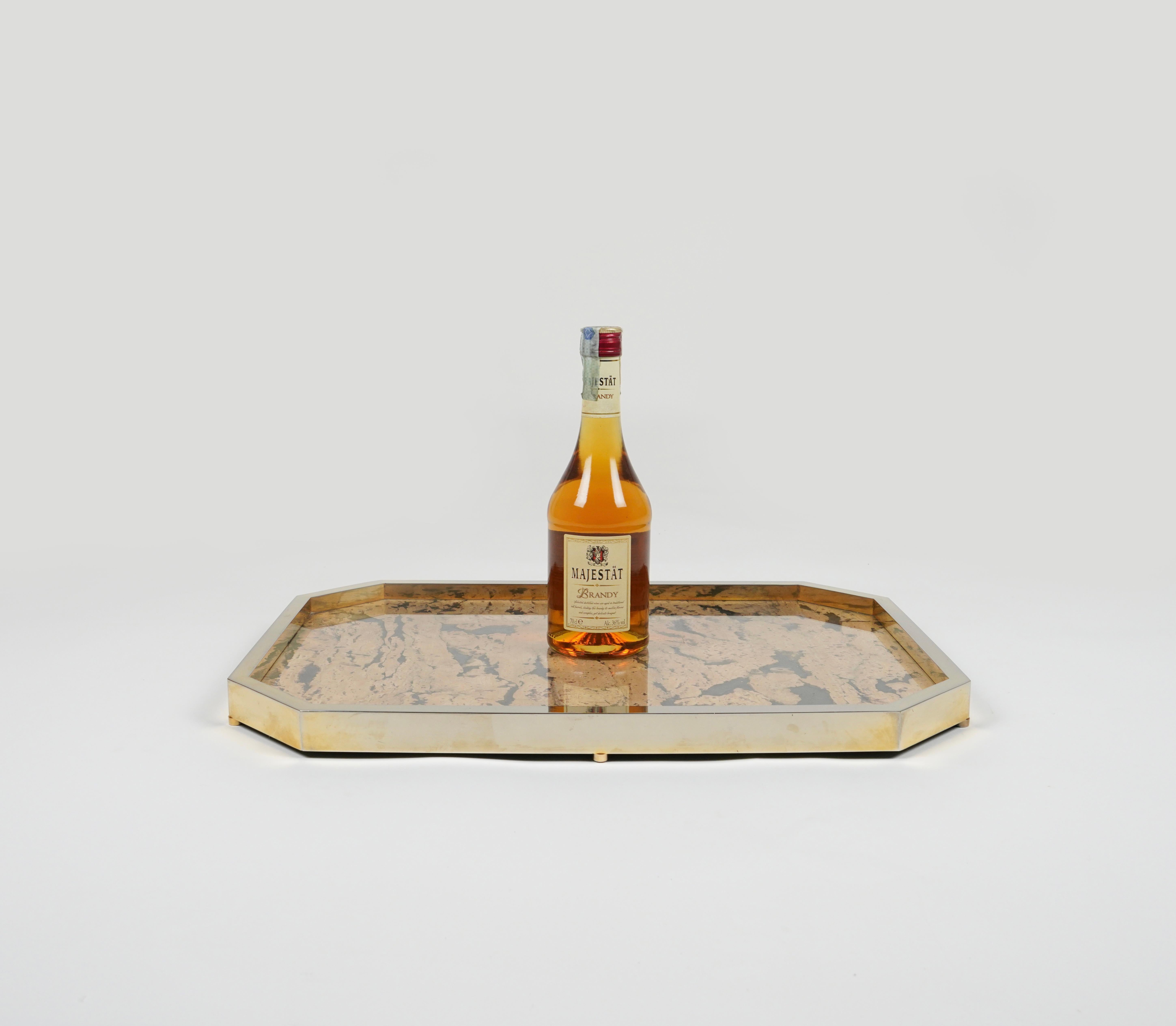 Late 20th Century Vide-Poche Centerpiece Tray in Cork & Brass by Jet Set Milano, Italy 1970s For Sale
