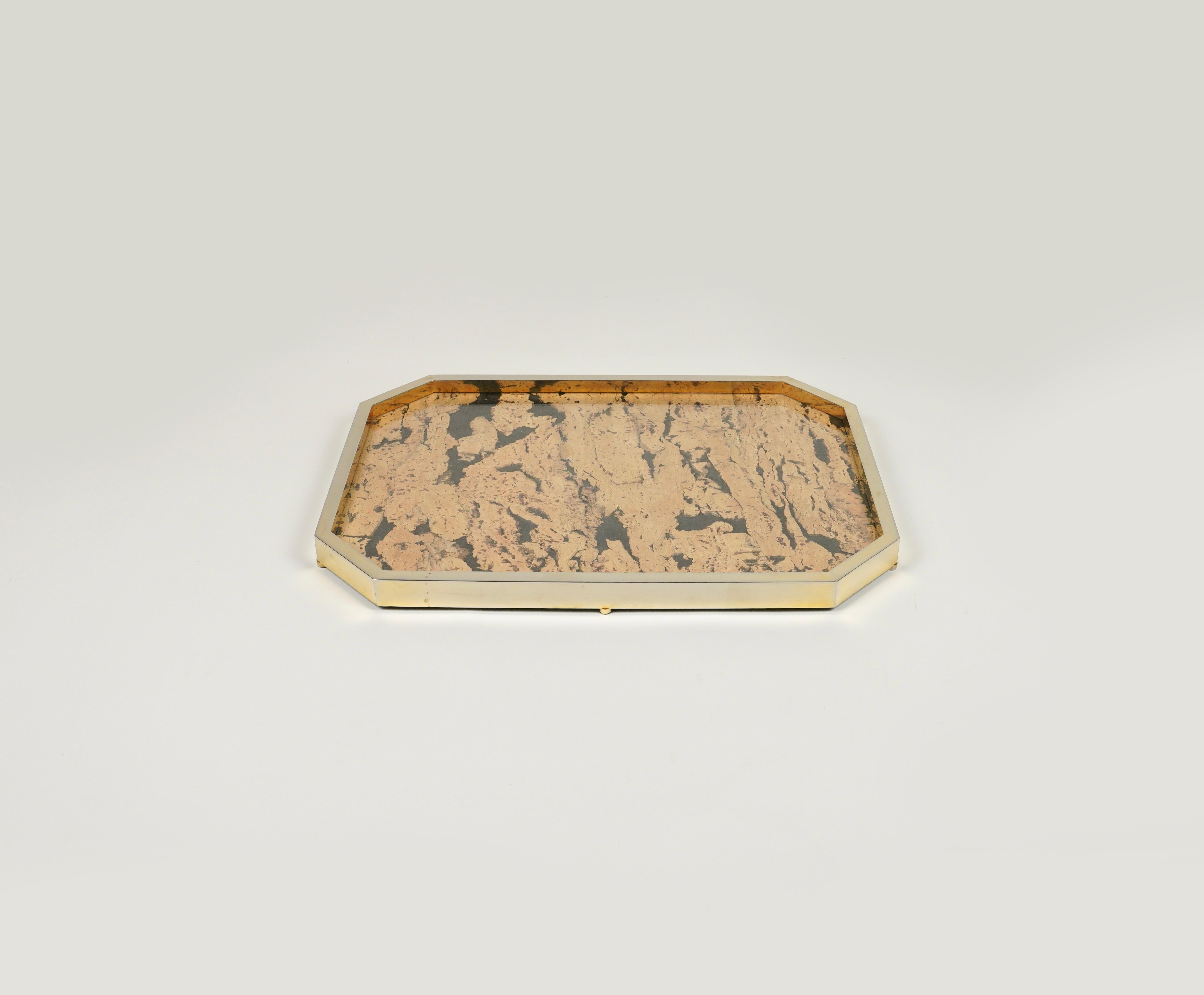 Metal Vide-Poche Centerpiece Tray in Cork & Brass by Jet Set Milano, Italy 1970s For Sale