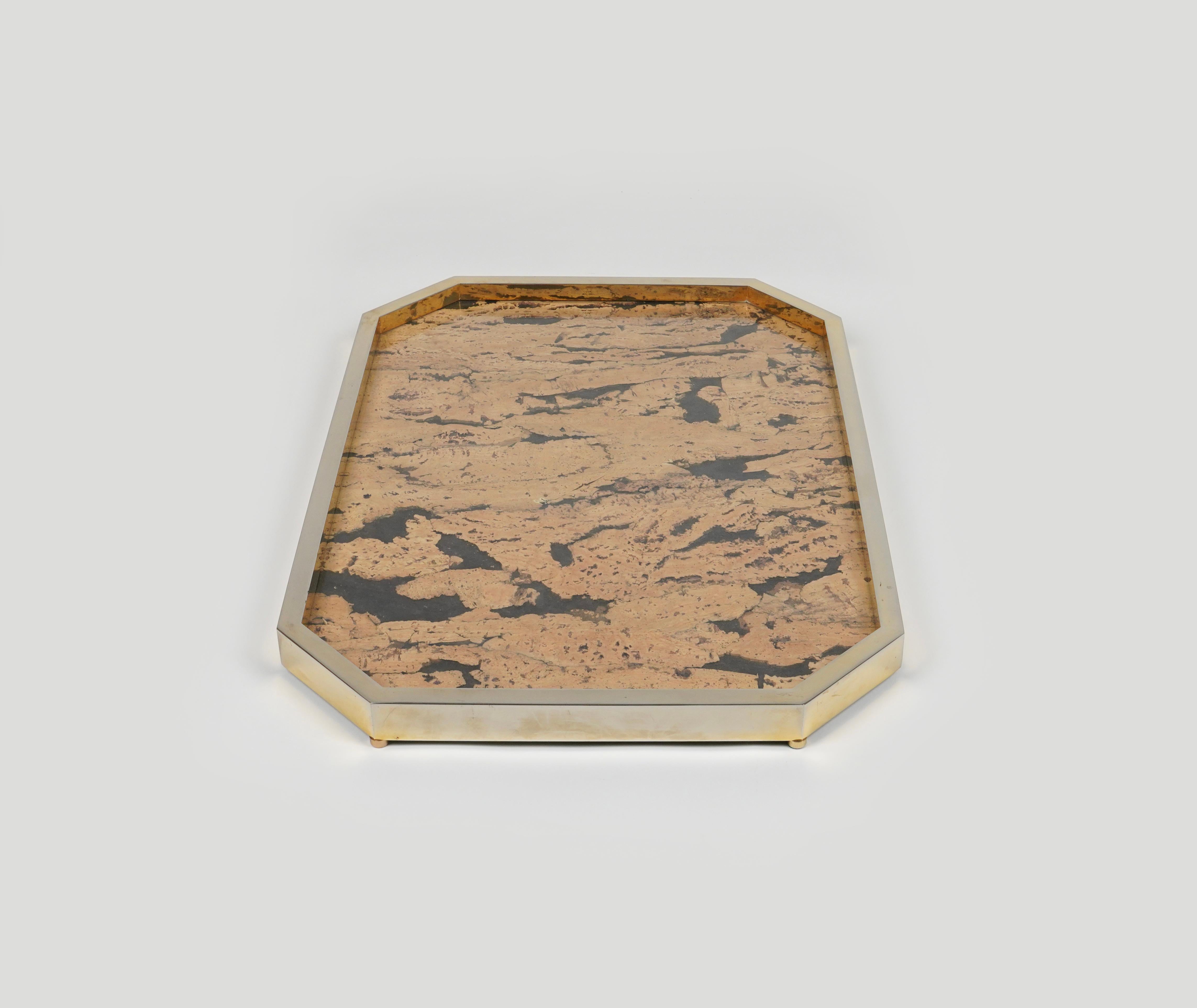 Vide-Poche Centerpiece Tray in Cork & Brass by Jet Set Milano, Italy 1970s For Sale 1