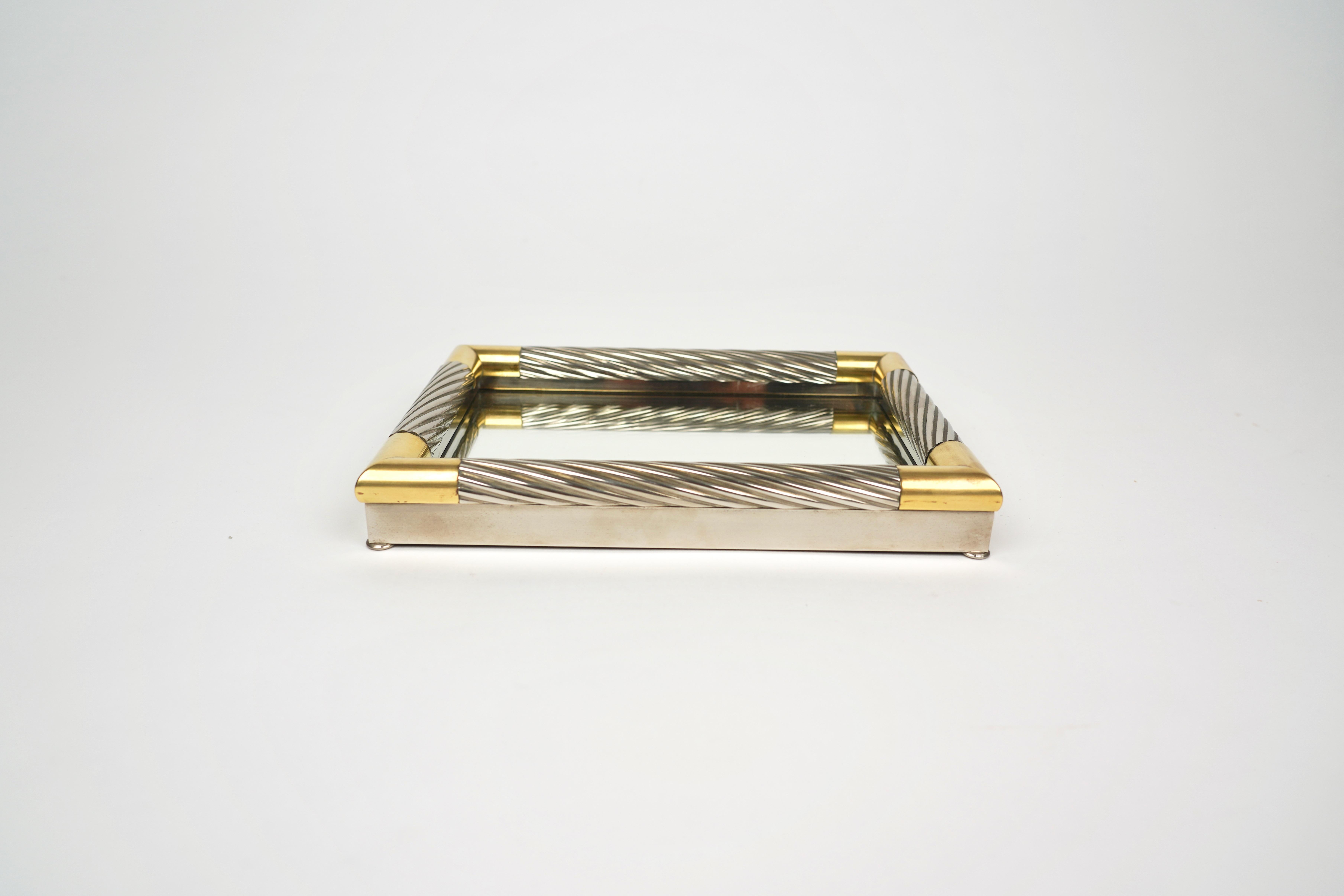 Italian Vide-Poche in Silver Metal, Brass and Mirror by Tommaso Barbi, Italy 1970s For Sale