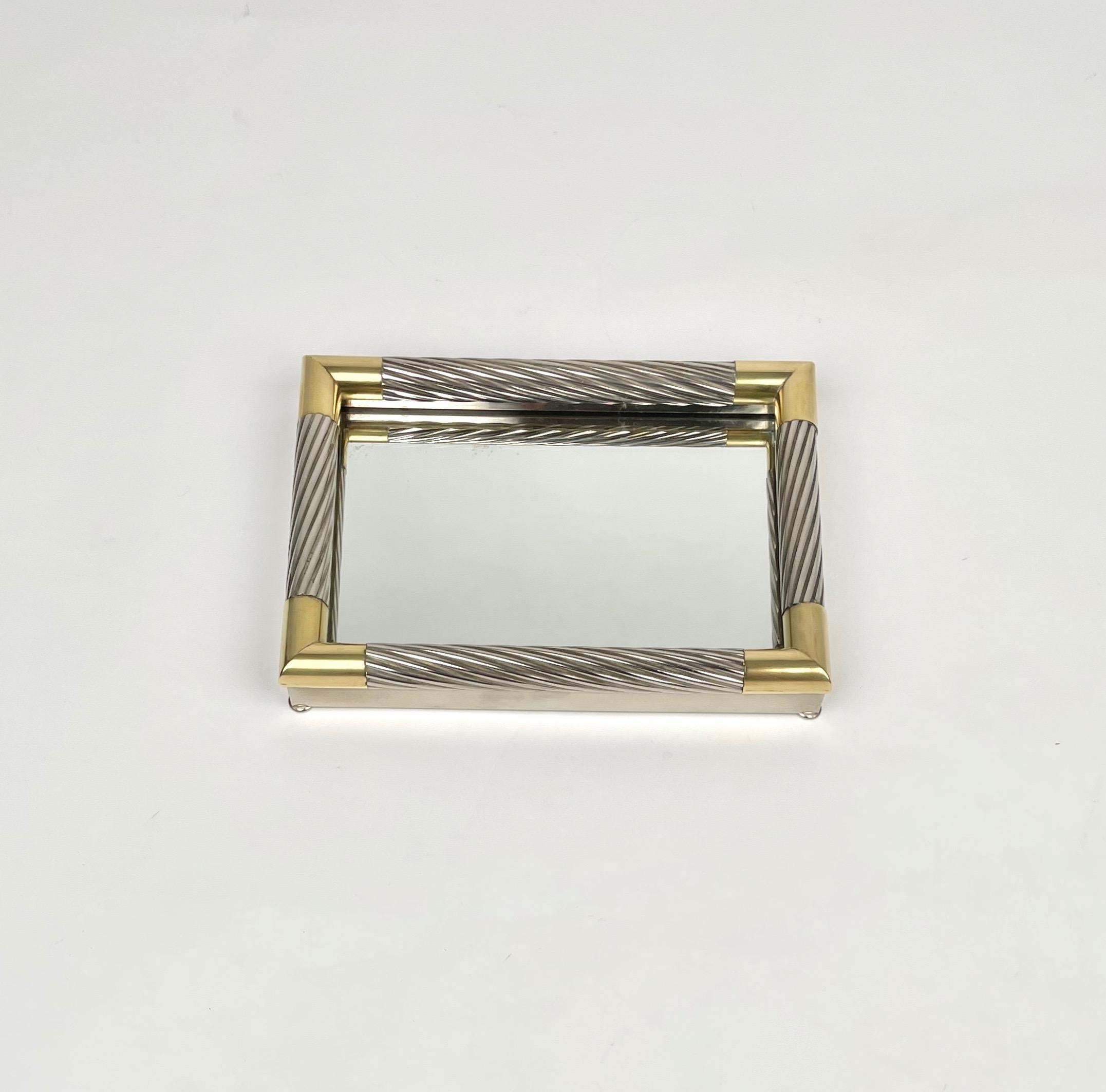 Late 20th Century Vide-Poche in Silver Metal, Brass and Mirror by Tommaso Barbi, Italy 1970s For Sale