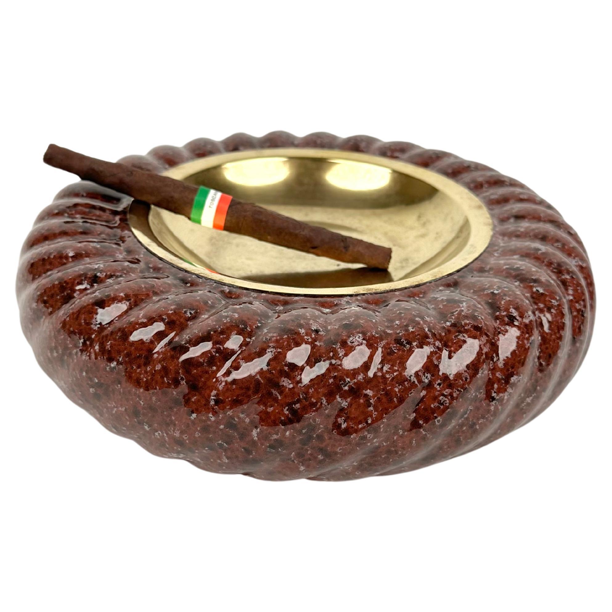 Italian Vide-Poche or Ashtray Ceramic and Brass by Tommaso Barbi, Italy, 1970s For Sale