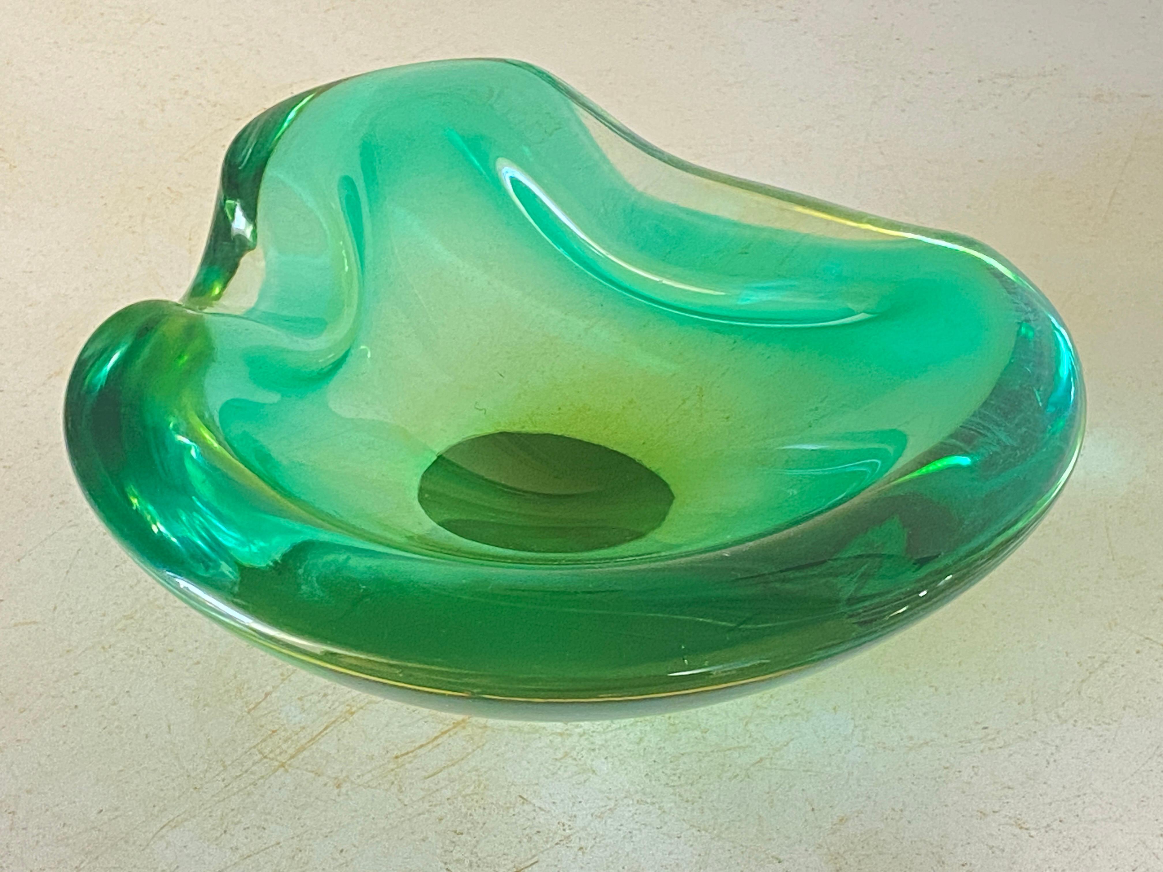Italian Vide Poche or Ashtray in  Art Glass Venice Green Color Italy Murano 1970  For Sale