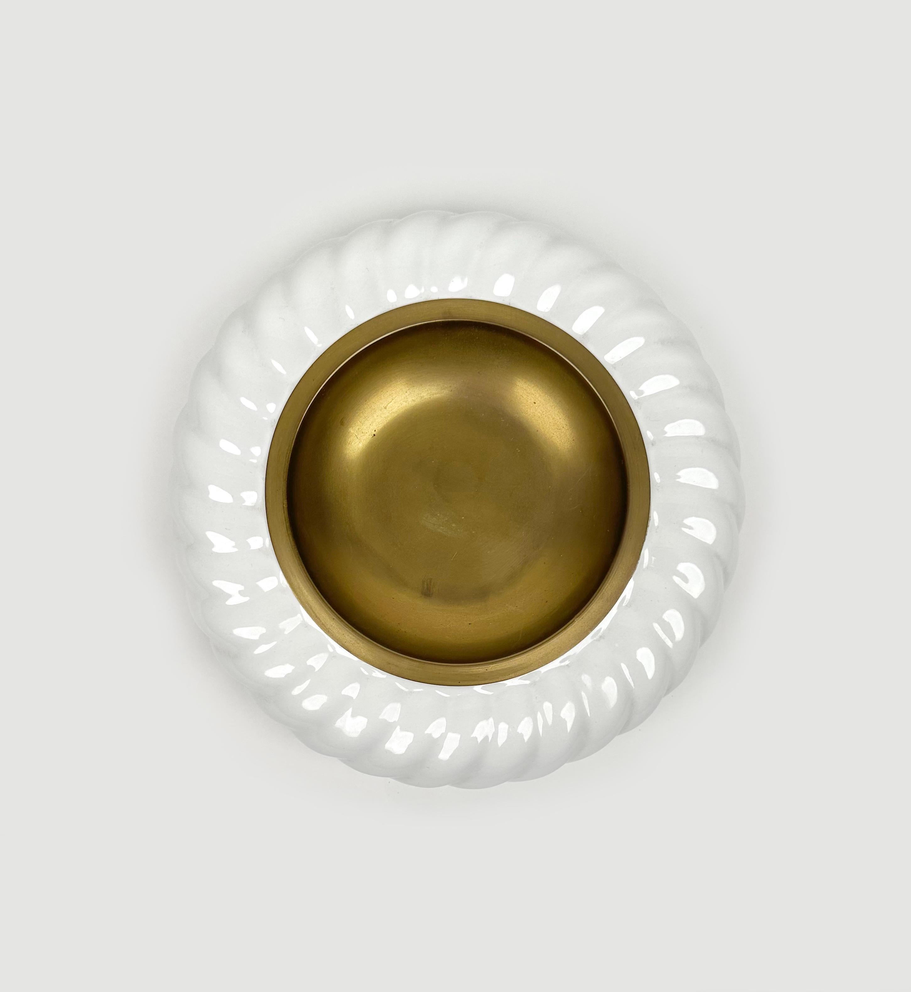 Italian Vide-Poche or Ashtray White Ceramic and Brass by Tommaso Barbi, Italy 1970s For Sale