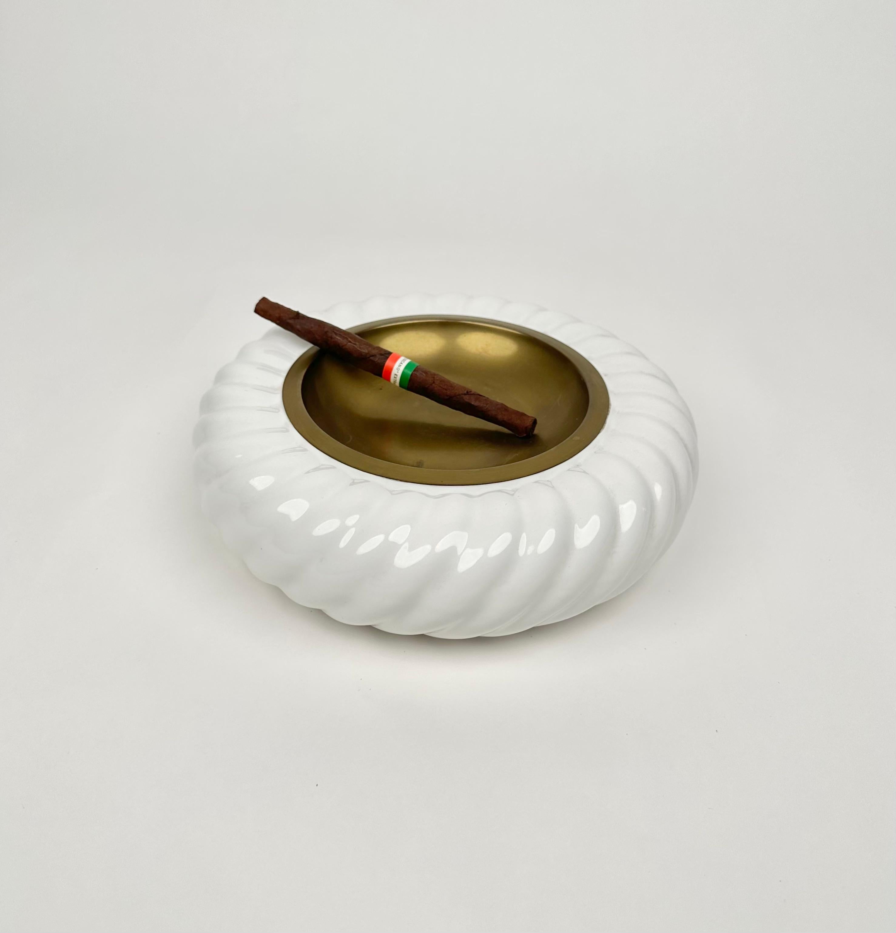 Metal Vide-Poche or Ashtray White Ceramic and Brass by Tommaso Barbi, Italy 1970s For Sale