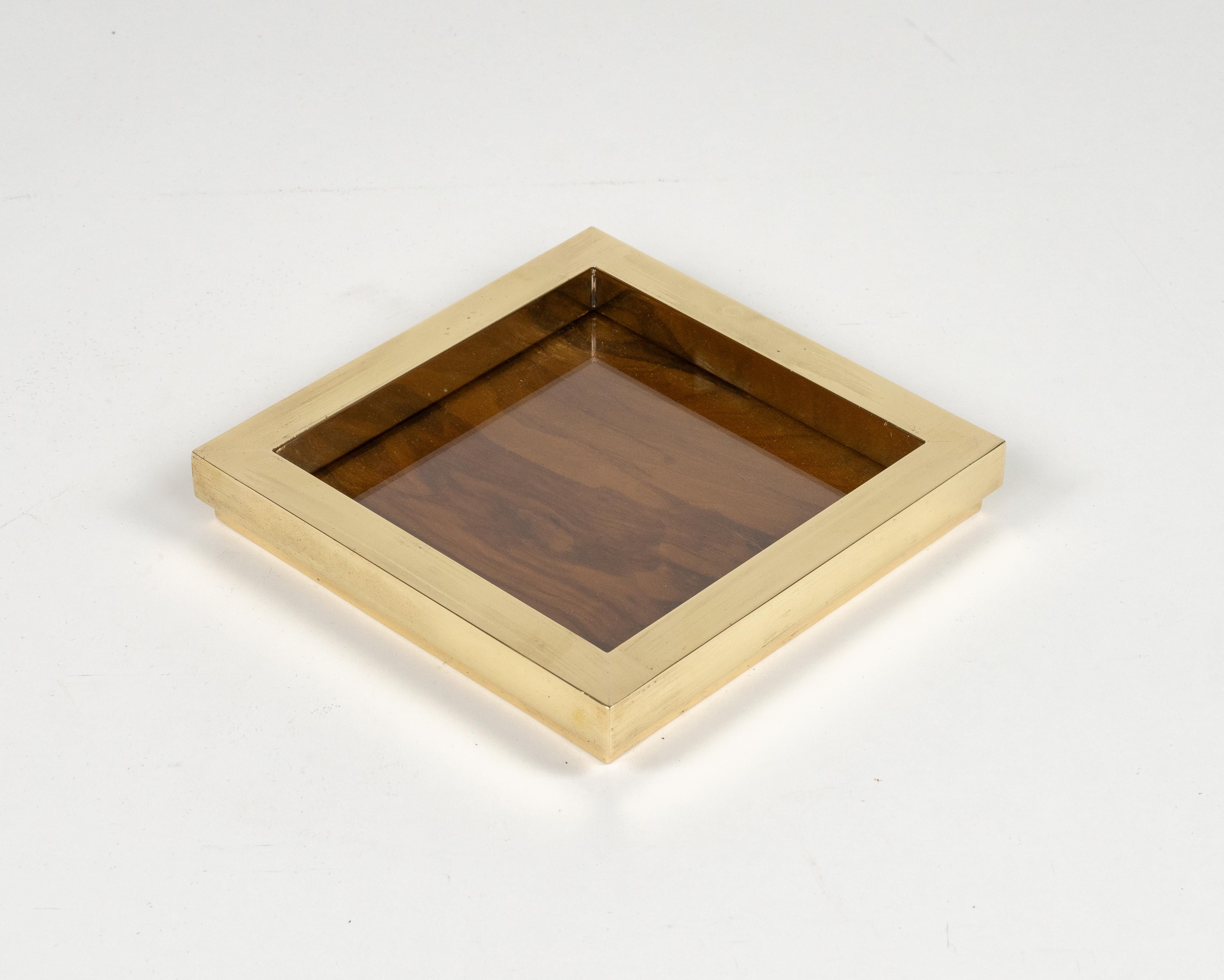Italian Vide-Poche or Centerpiece Brass, Wood and Glass by Tommaso Barbi, Italy 1970s