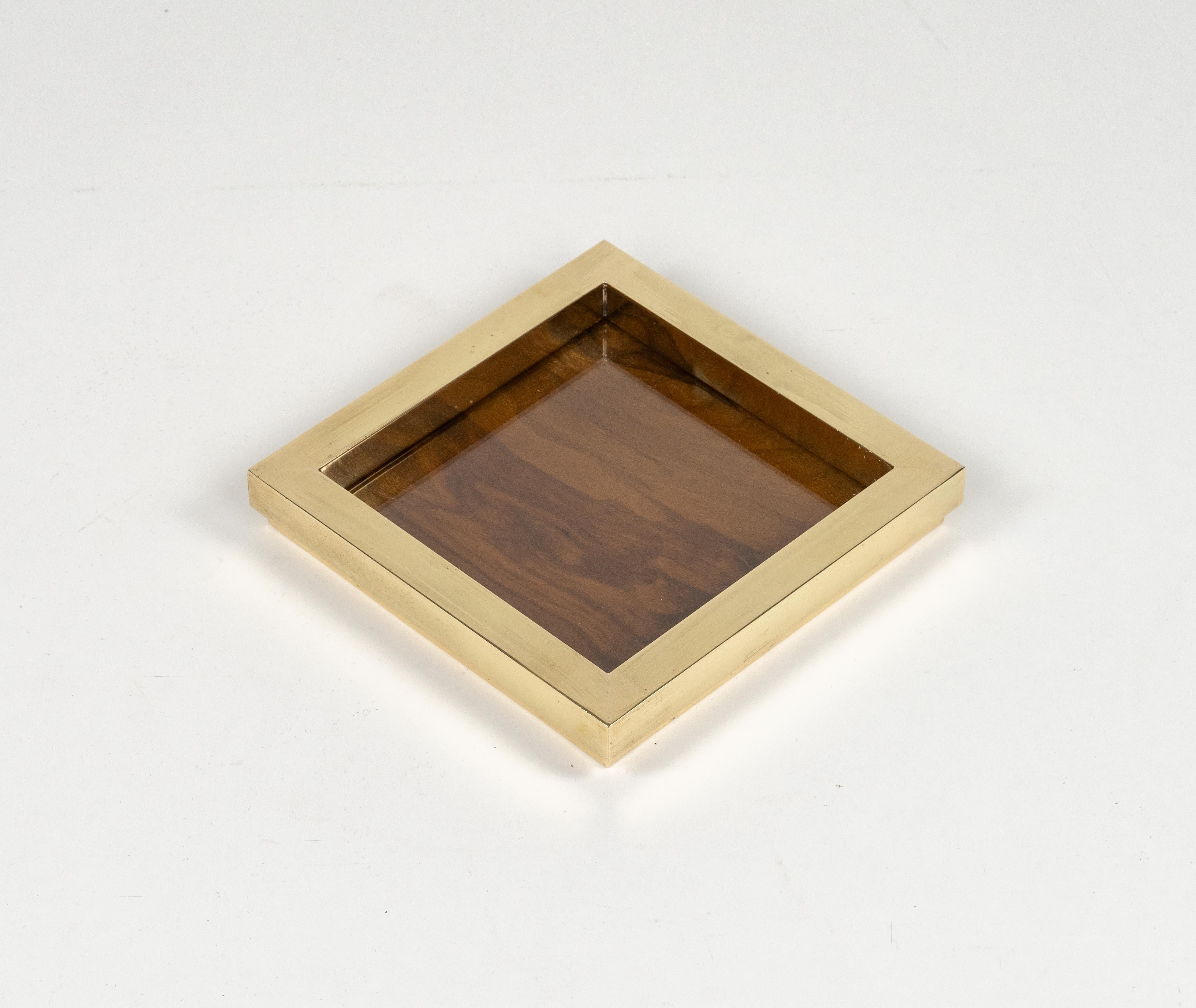 Vide-Poche or Centerpiece Brass, Wood and Glass by Tommaso Barbi, Italy 1970s In Good Condition In Rome, IT