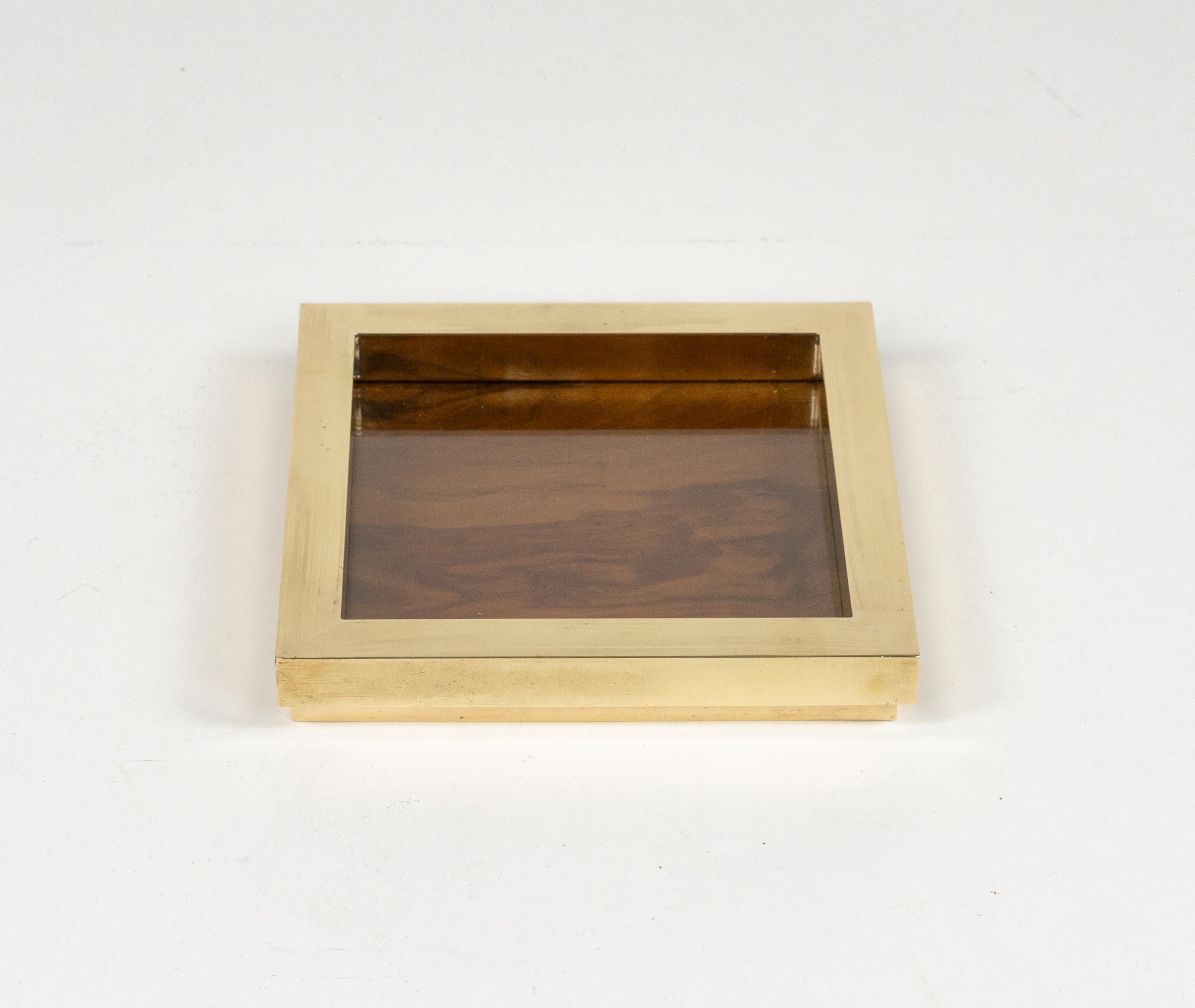 Late 20th Century Vide-Poche or Centerpiece Brass, Wood and Glass by Tommaso Barbi, Italy 1970s