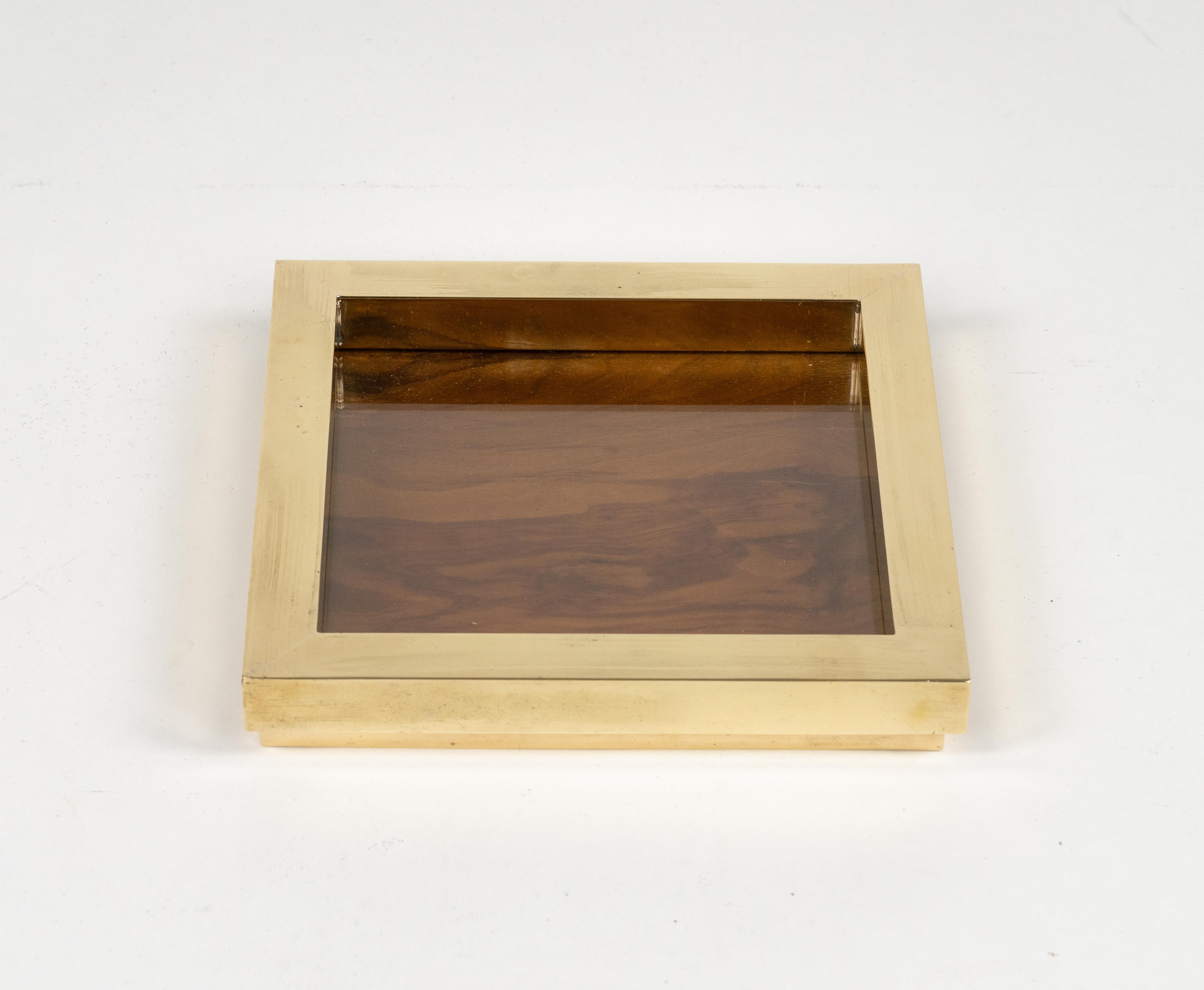Metal Vide-Poche or Centerpiece Brass, Wood and Glass by Tommaso Barbi, Italy 1970s