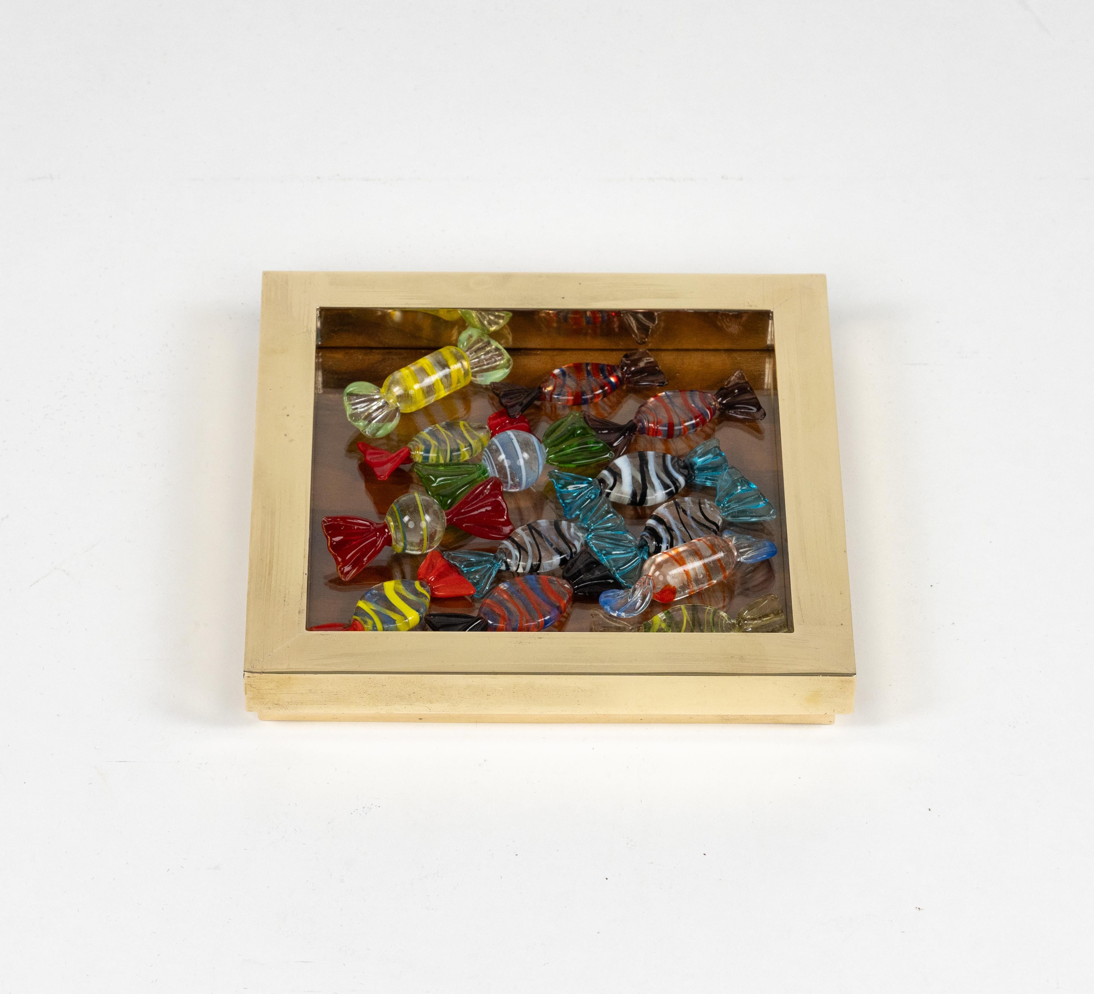 Vide-Poche or Centerpiece Brass, Wood and Glass by Tommaso Barbi, Italy 1970s 2