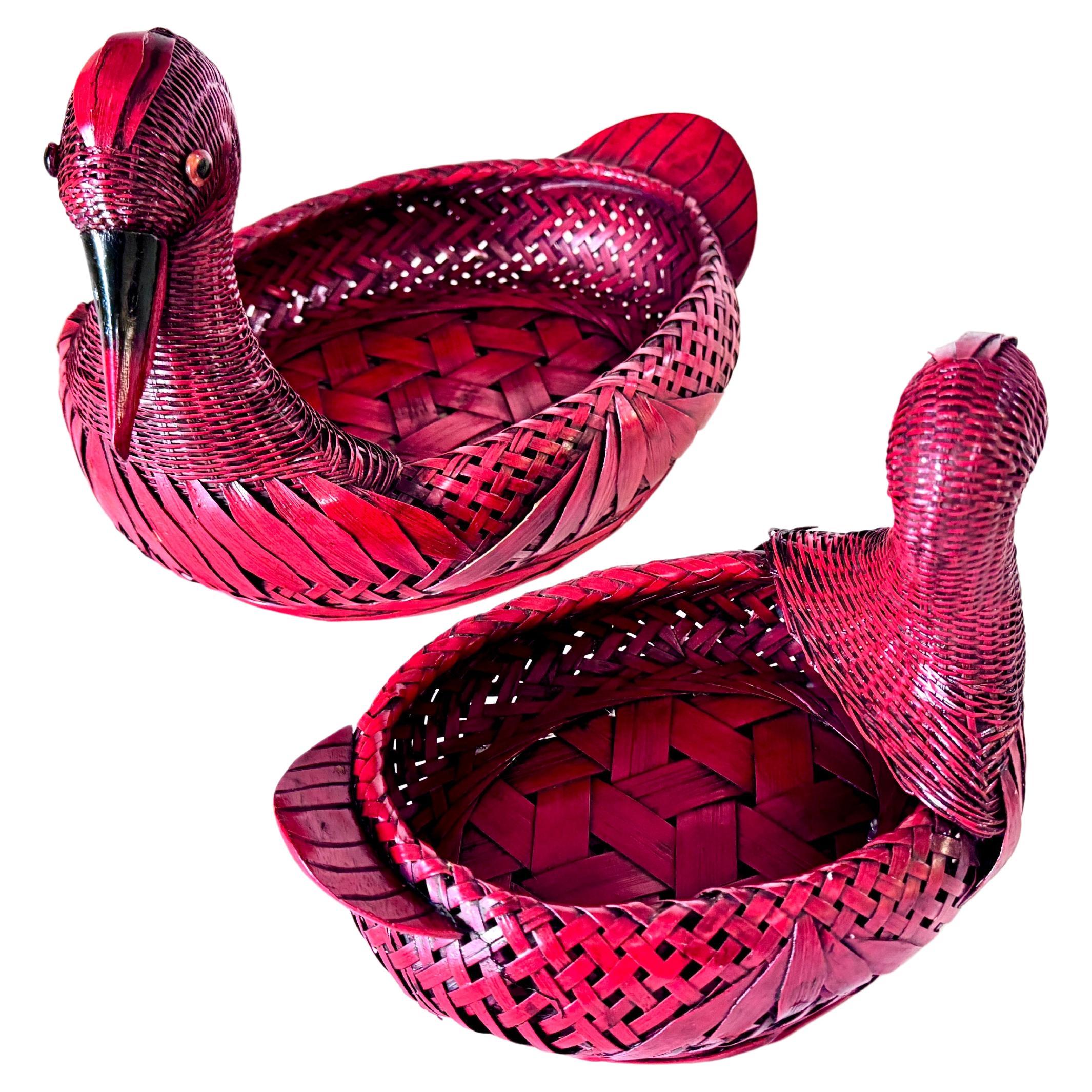 Italian Vide Poches or Decorative Baskets Duck Sculptures Shaped in Rattan Italy 1970s For Sale