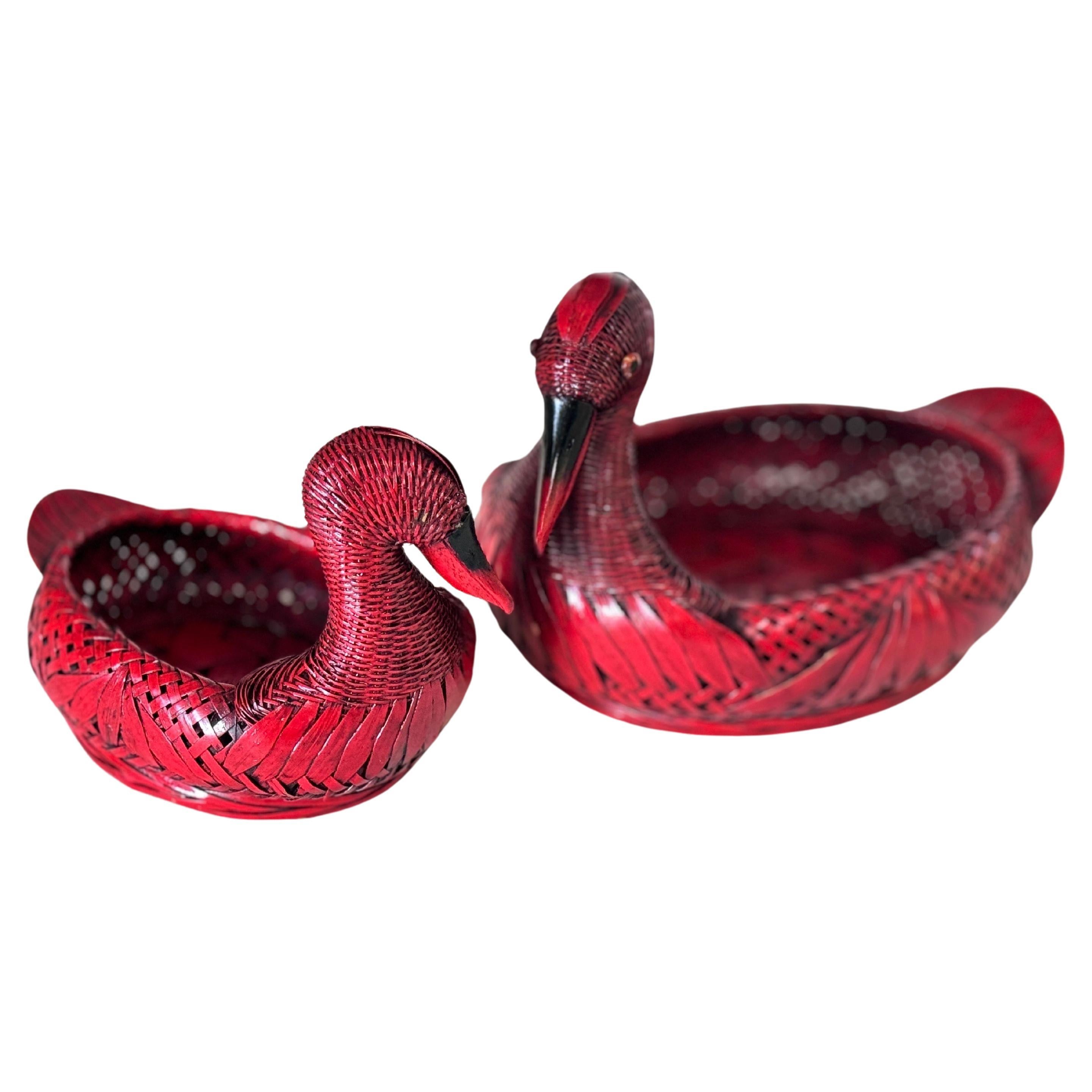 Vide Poches or Decorative Baskets Duck Sculptures Shaped in Rattan Italy 1970s For Sale