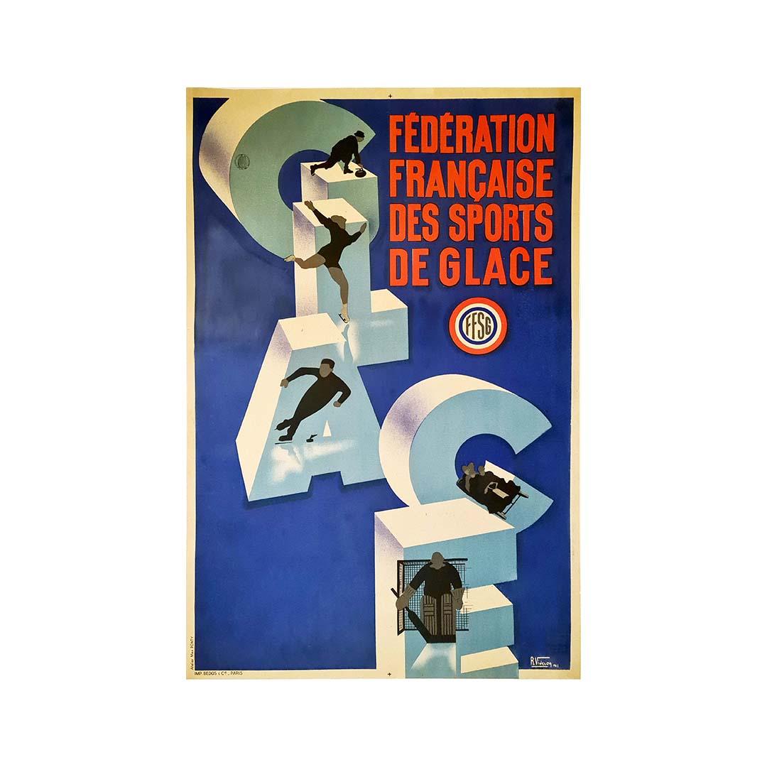 1942 Videcoqs Originalplakat für die Fédération Française des Sports de Glace im Angebot 1