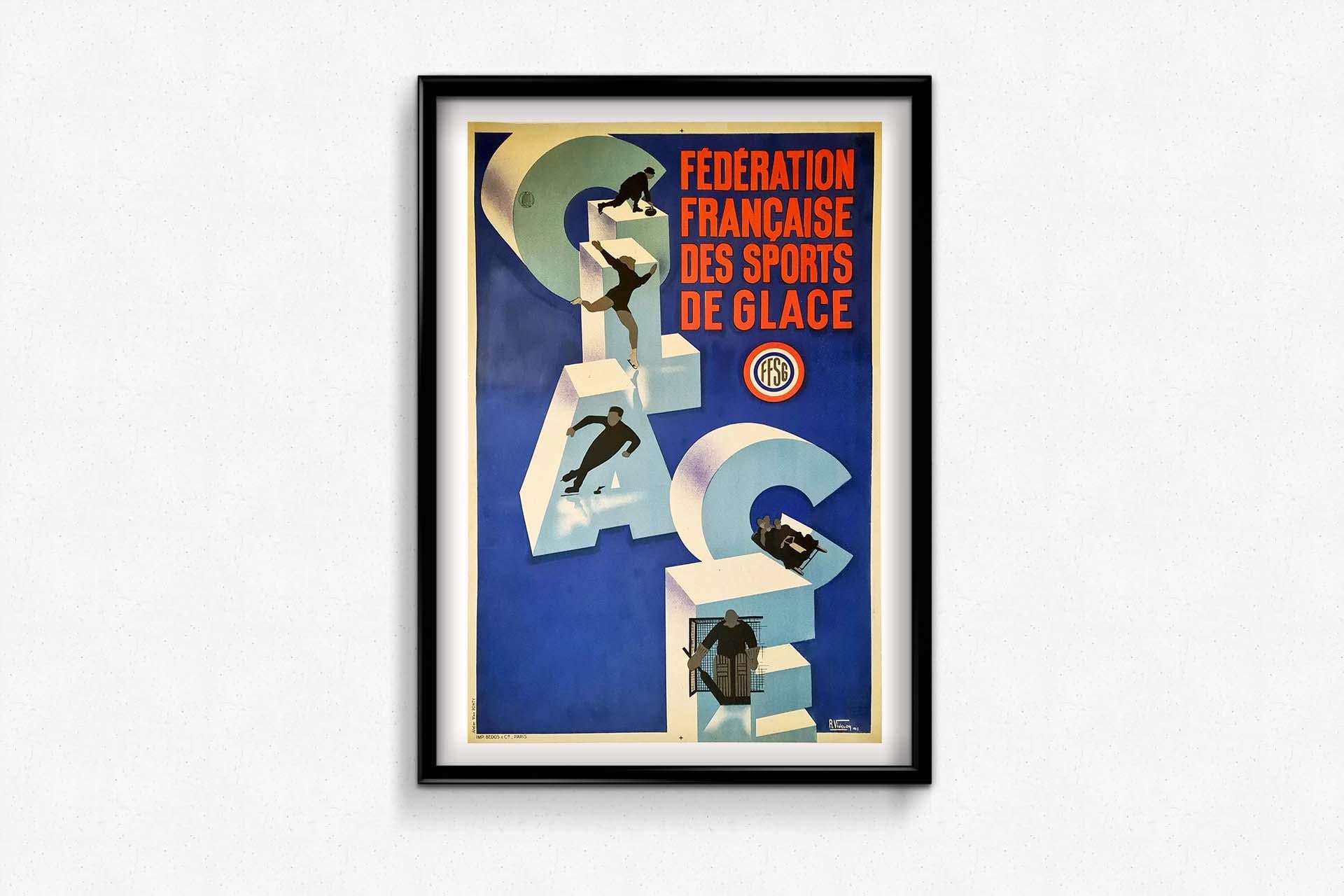 1942 Videcoqs Originalplakat für die Fédération Française des Sports de Glace im Angebot 3