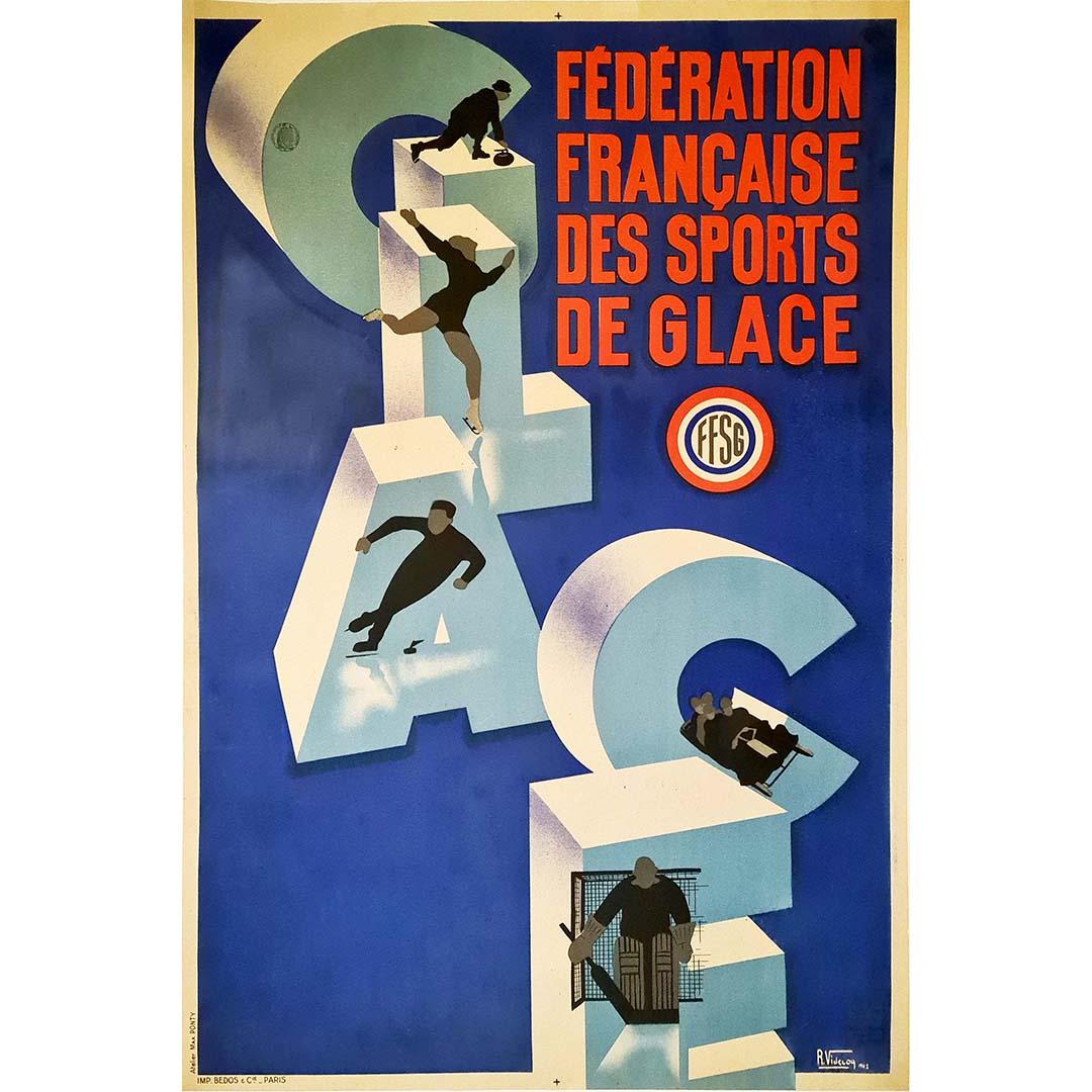 Das Originalplakat von Videcoq für die Fédération Française des Sports de Glace aus dem Jahr 1942 ist ein Kunstwerk, das den sportlichen Geist und die Eleganz widerspiegelt, die man damals mit Winteraktivitäten verband. Das Plakat verkörpert die