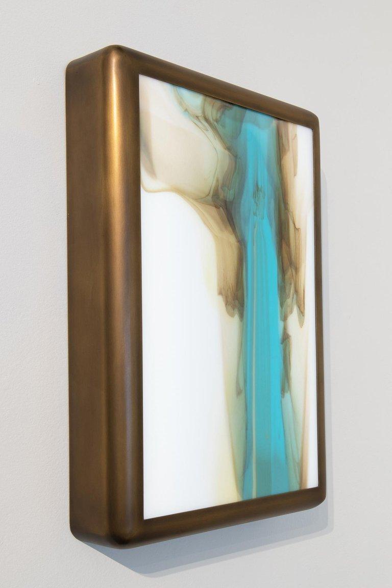 Meltform No. 9 is an exploration of material, color, and light. The composition of this glass and metal sculptural lightbox is created by different colored glass melted and fused together, then rolled through a steel mill and flattened into a sheet,