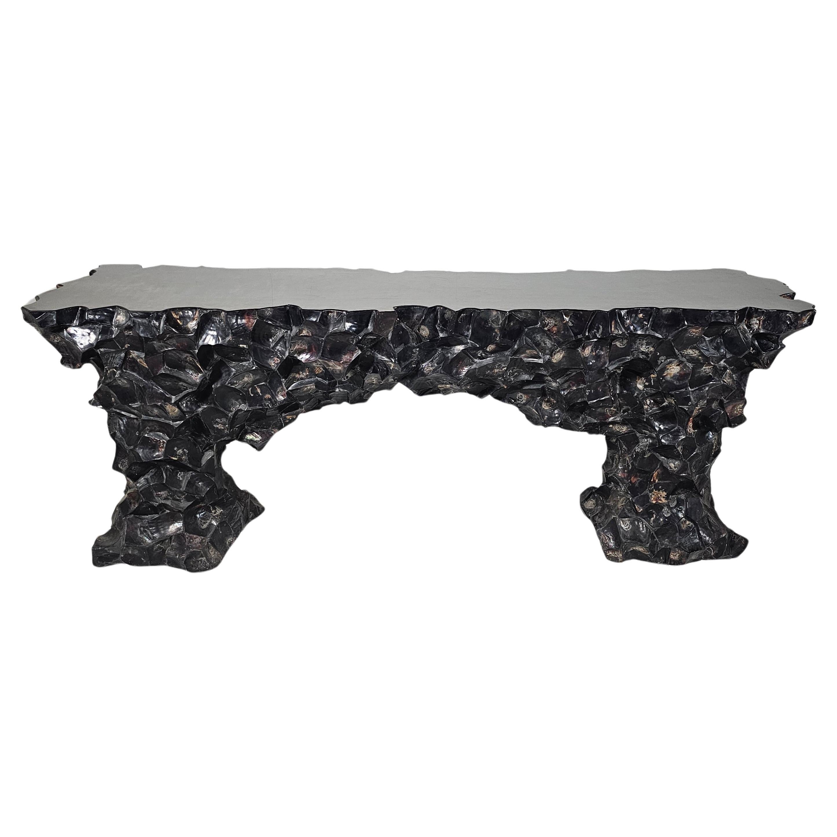 Handmade custom console, made from beautiful shell pieces in resin with a chrome top, circa 2017. This item is extremely rare because Videre Licet only makes individual pieces and each object has a different style. So only 1 piece of this bridge