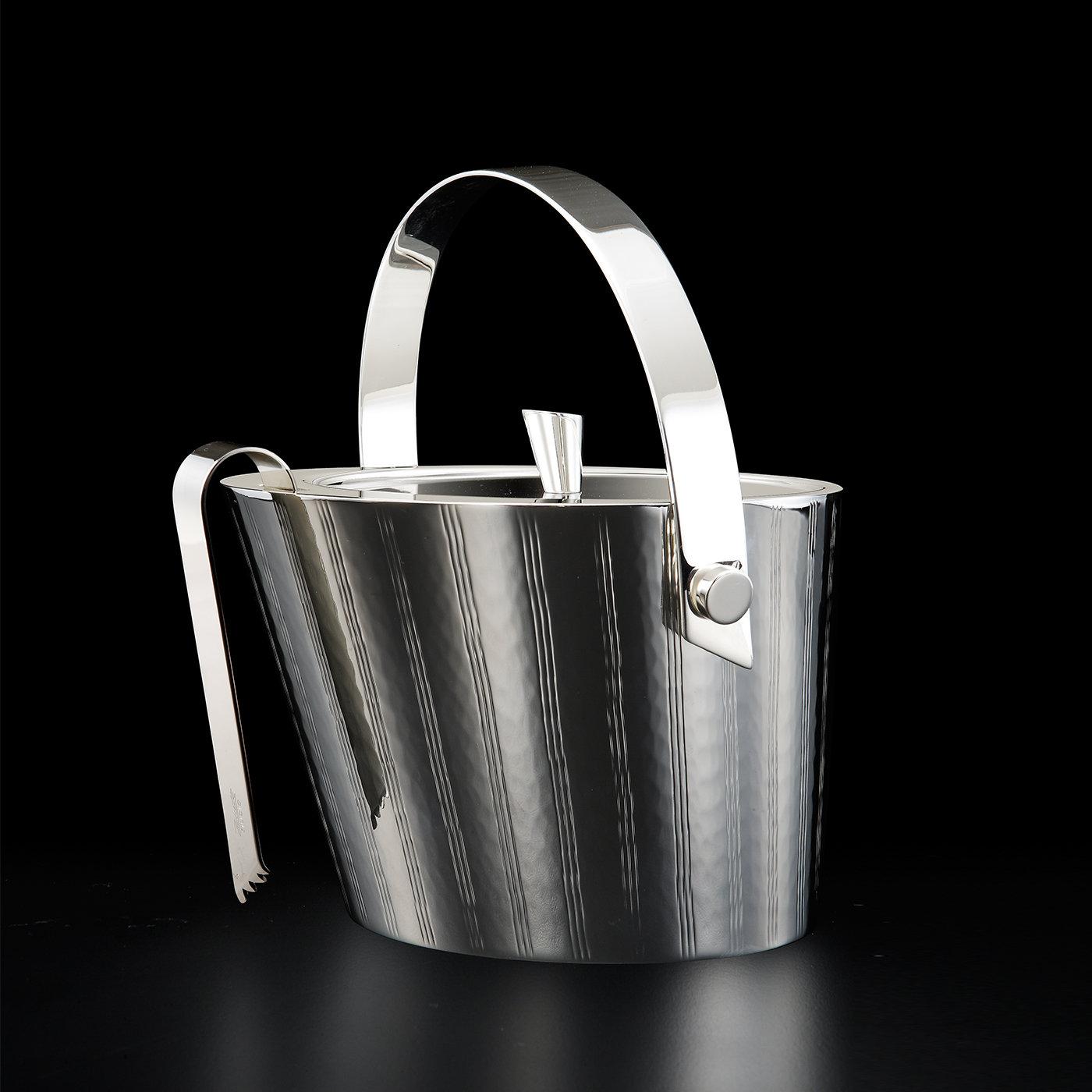 Sophisticated ice bucket complete with tongs handcrafted in a fine silver-plated alloy by master silversmith Zanetto.
