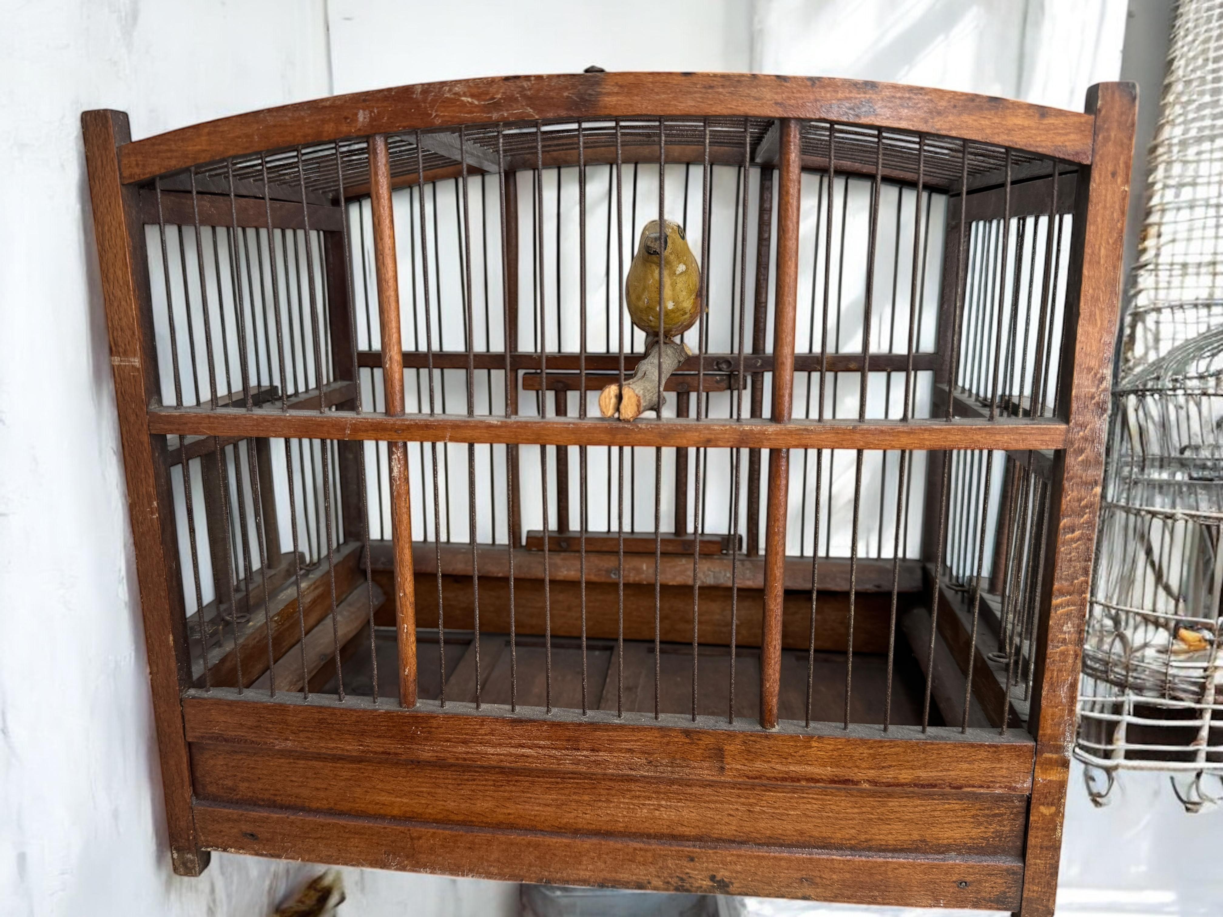A beautiful Austrian 20th century, carved wood bird mounted in a birdcage for hanging. The tradition of these in Austria called 