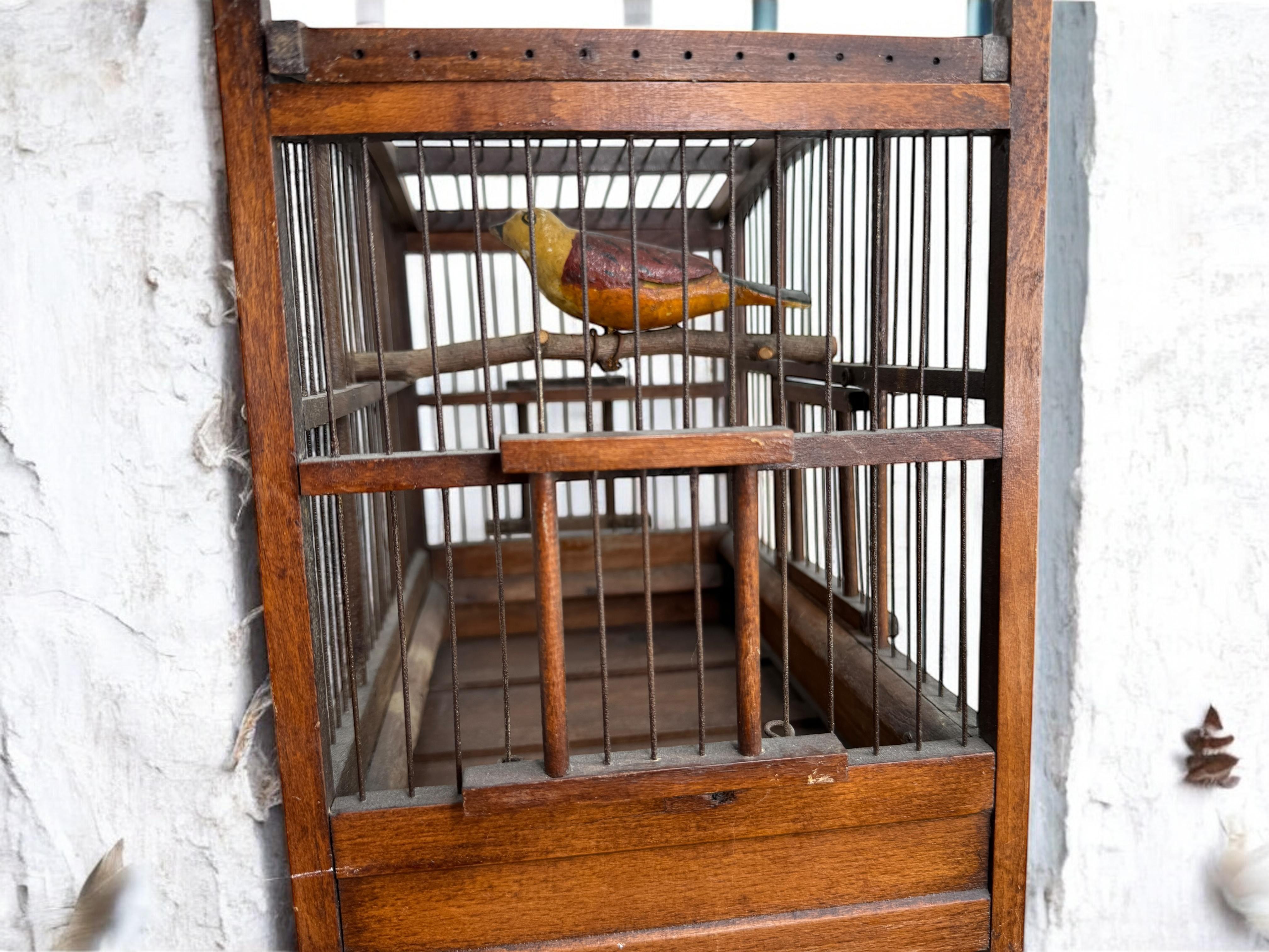 Viechtauer Hand Carved Wood Vogel in Folk Art Birdcage Österreich 1900s oder älter (Frühes 20. Jahrhundert) im Angebot