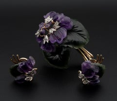 Vienna Carved Amethyst Nephrite Diamond Bunch Violet Brooch Earrings Suite