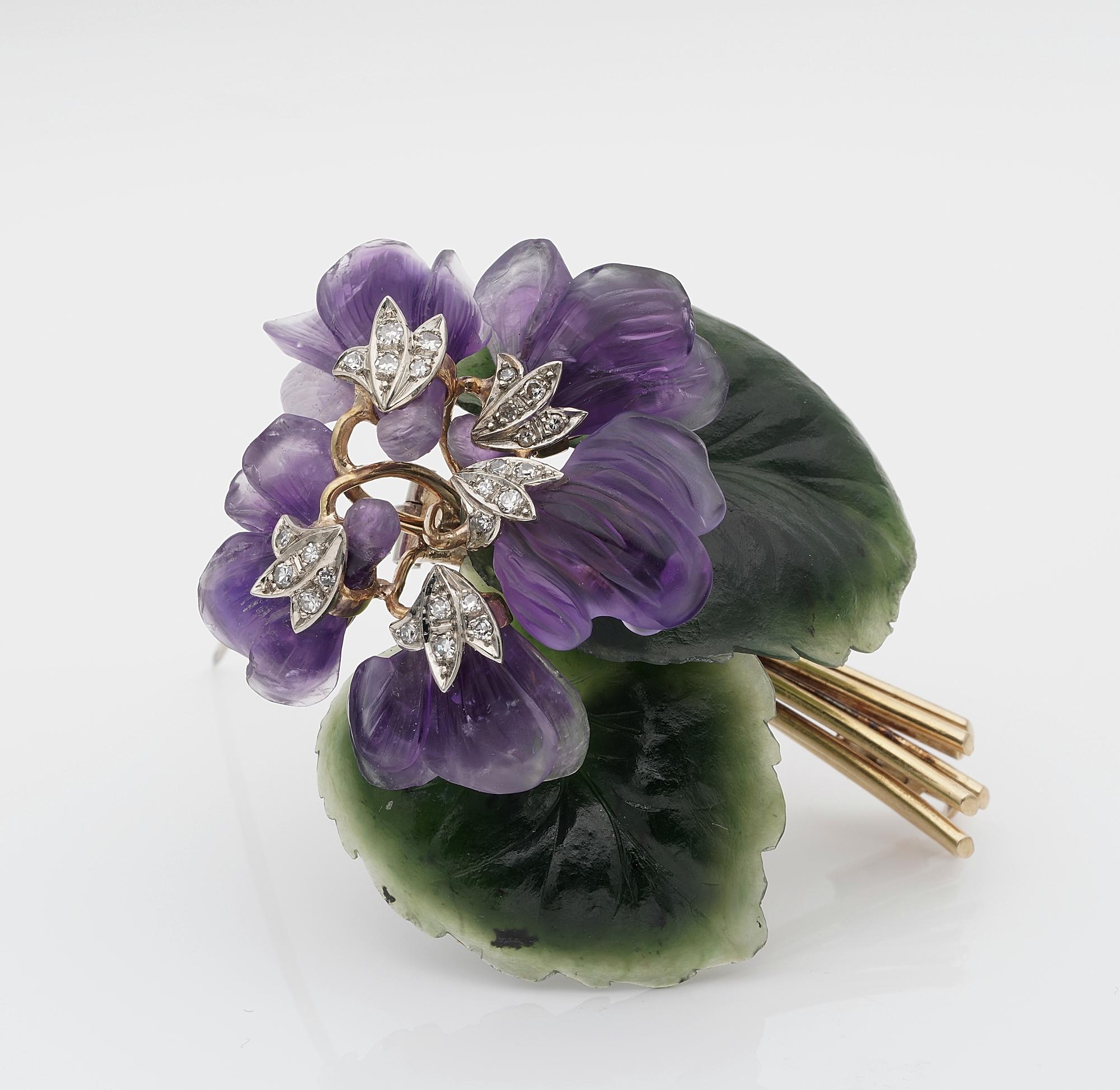 Contemporary Vienna Carved Amethyst Nephrite Diamond Bunch Violet Brooch Earrings Suite For Sale