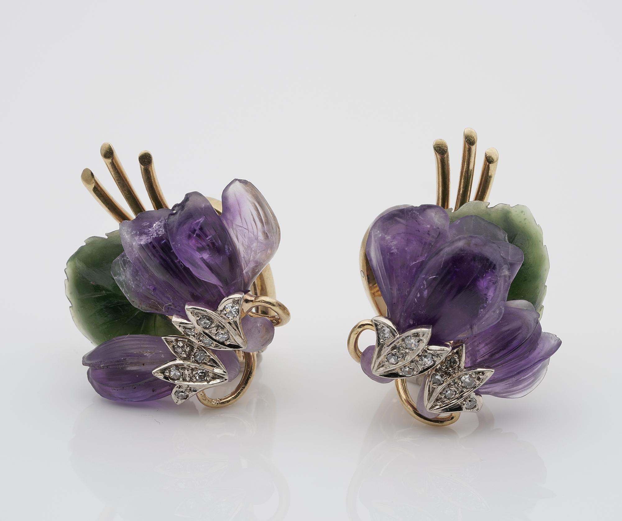 Single Cut Vienna Carved Amethyst Nephrite Diamond Bunch Violet Brooch Earrings Suite For Sale