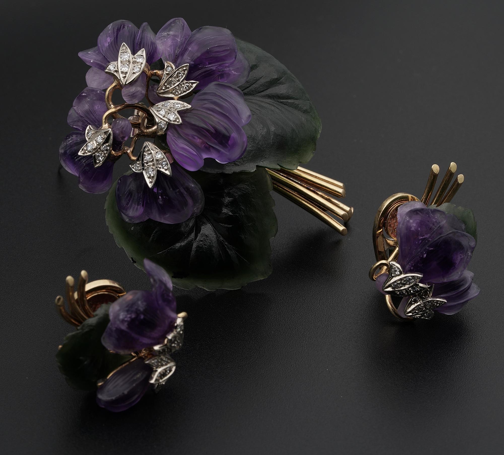 Women's Vienna Carved Amethyst Nephrite Diamond Bunch Violet Brooch Earrings Suite For Sale