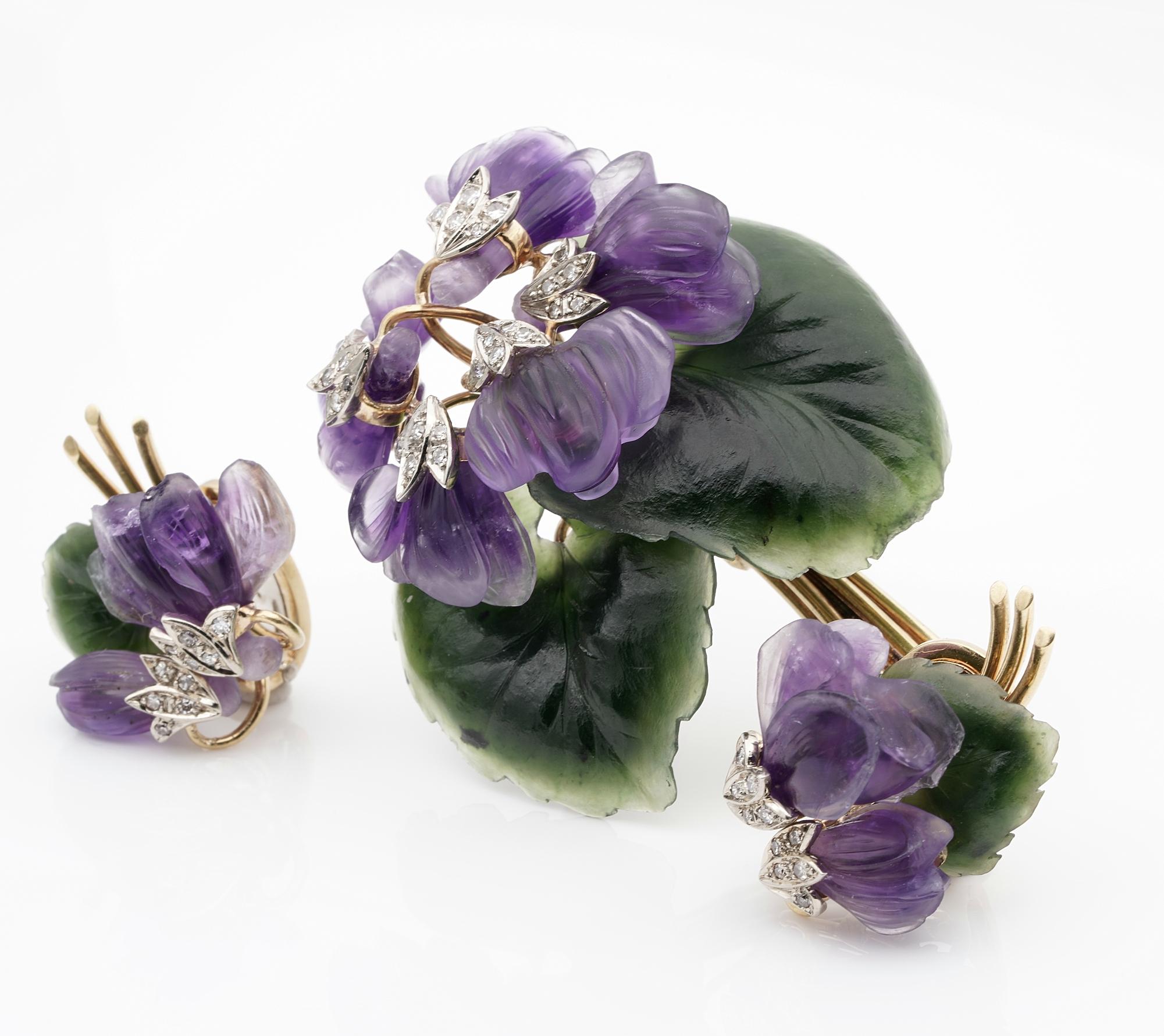 Vienna Carved Amethyst Nephrite Diamond Bunch Violet Brooch Earrings Suite For Sale 1