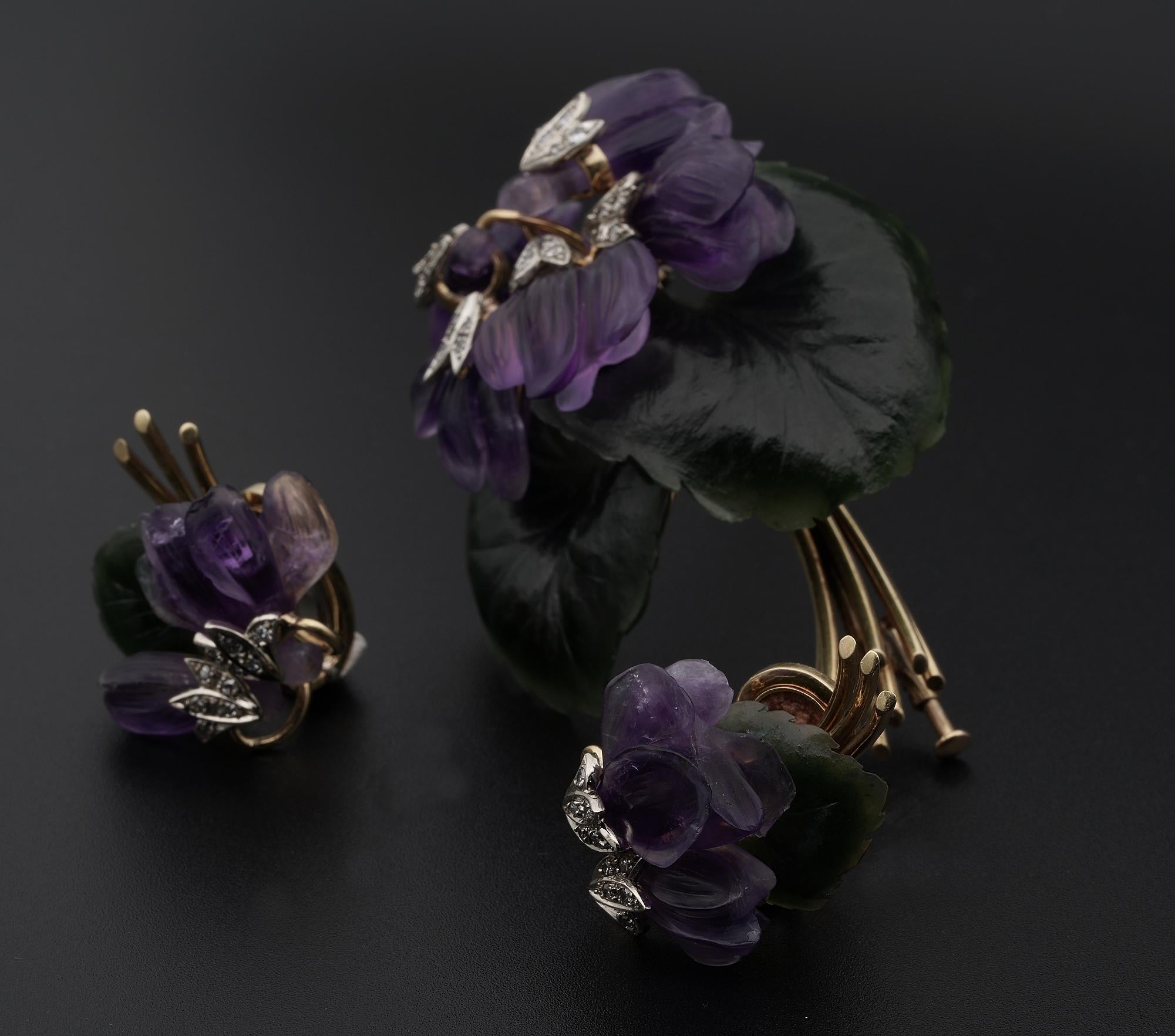 Vienna Carved Amethyst Nephrite Diamond Bunch Violet Brooch Earrings Suite For Sale 2